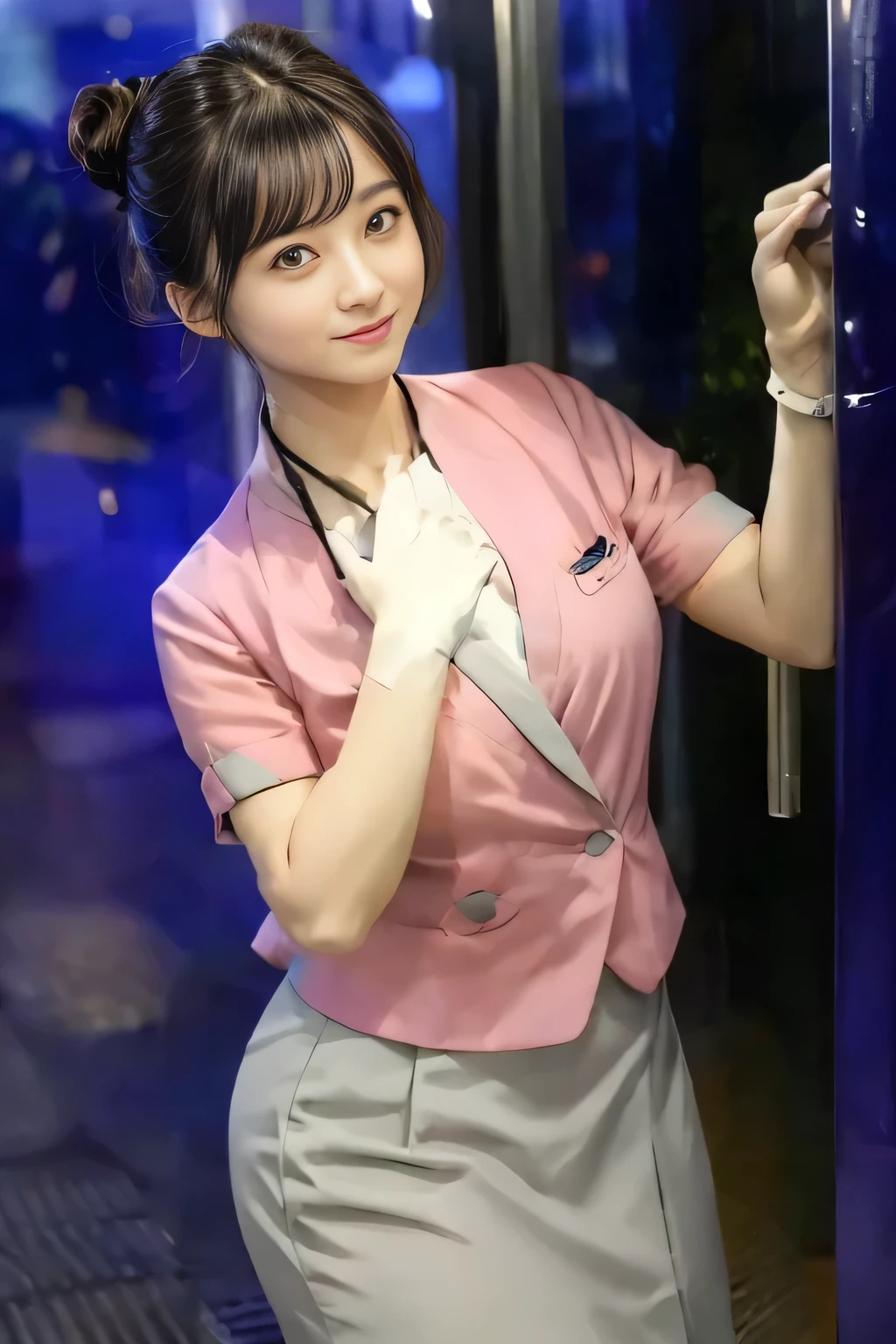(masterpiece:1.2, highest quality:1.2), 32K HDR, High resolution, (alone、1 girl)、（On the rooftop of a building in the daytime、Professional Lighting）、Building rooftop background、（Nankai train crew uniform pinkを着たリアルスタイル）、（Nankai train crew uniform pink short sleeve collarless pink jacket、Nankai Train Crew Uniform Pink Collarless Short Sleeve Blouse、Nankai Train Crew Uniform Pink Grey Knee-length Culottes）、Dark brown hair、（Hair tied up、Hair Bun、Hair Bun）、Dark brown hair、Long Shot、Big Breasts、Thin legs、（（Great hands：2.0）），（（Harmonious body proportions：1.5）），（（Normal limbs：2.0）），（（Normal finger：2.0）），（（Delicate eyes：2.0）），（（Normal eyes：2.0））)、smile、（Nankai Train Crew Uniform Pink Grey Knee-length Culottesを見せた美しい歩く姿）、Place your hands around your stomach,Lanyard employee ID card