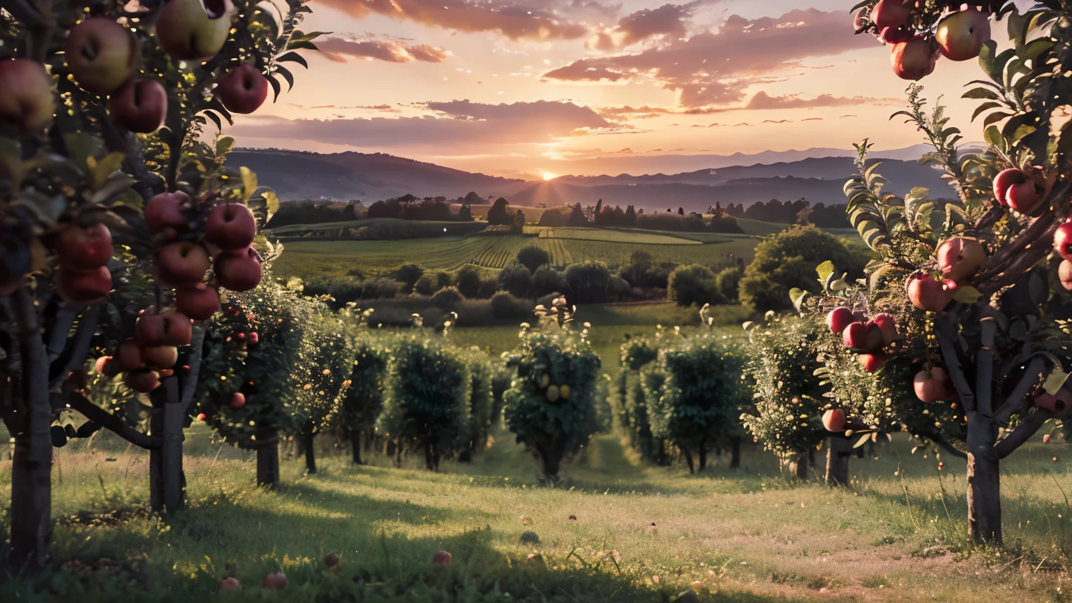  an arboreal environment, inviting apple orchard ((large ripened apples)), mystic lighting, 4k, 8k, ultra high definition, UHD, hyper realism, masterpiece, best quality, photographic quality, vivid color, sunset clouds 