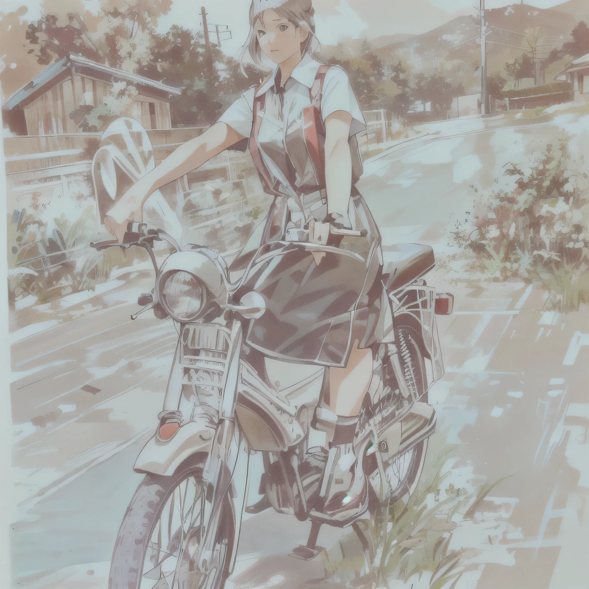 A woman sitting on a motorcycle,Tennis racket in hand, old photo, Old photos, very Old photos, Confidential photos, unknown location, very famous photo, grainy damOld age photos, damOld age photos, Old age photos, unknown title, An old black and white photo, Helmet not included, author:Rusuke Fukahori