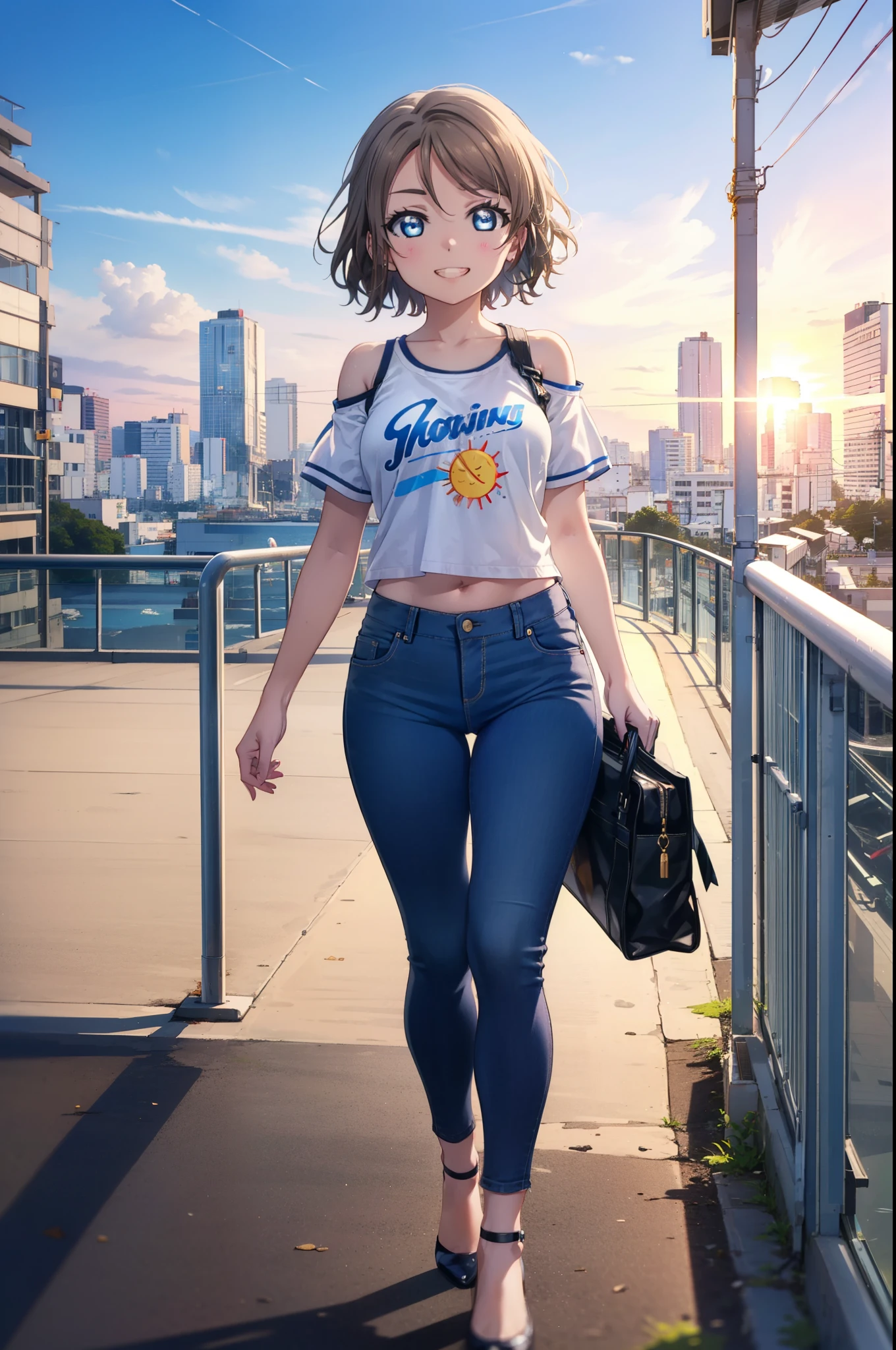 Yo Watanabe, Yu Watanabe, short hair, blue eyes, Brown Hair, Orange hair band,smile, Grin,Cold shoulder tops,Short sleeve,skinny pants,Stiletto heels,Walking,morning,morning陽,The sun is rising,whole bodyがイラストに入るように,
break outdoors, Building district,Coastal Road,
break looking at viewer, whole body,
break (masterpiece:1.2), highest quality, High resolution, unity 8k wallpaper, (figure:0.8), (Beautiful fine details:1.6), Highly detailed face, Perfect lighting, Highly detailed CG, (Perfect hands, Perfect Anatomy),