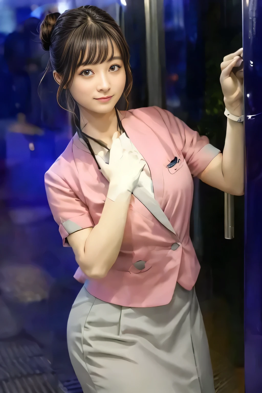 (masterpiece:1.2, highest quality:1.2), 32K HDR, High resolution, (alone、1 girl)、(On the rooftop of a building in the daytime、Professional Lighting)、Building rooftop background、(Nankai train crew uniform pinkを着たリアルスタイル)、(Nankai train crew uniform pink short sleeve collarless pink jacket、Nankai Train Crew Uniform Pink Collarless Short Sleeve Blouse、Nankai Train Crew Uniform Pink Grey Knee-length Culottes)、Dark brown hair、(Hair tied up、Hair Bun、Hair Bun)、Dark brown hair、Long Shot、Big Breasts、Thin legs、((Great hands:2.0)),((Harmonious body proportions:1.5)),((Normal limbs:2.0)),((Normal finger:2.0)),((Delicate eyes:2.0)),((Normal eyes:2.0)))、smile、(Nankai Train Crew Uniform Pink Grey Knee-length Culottesを見せた美しい歩く姿)、Place your hands around your stomach,Lanyard employee ID card