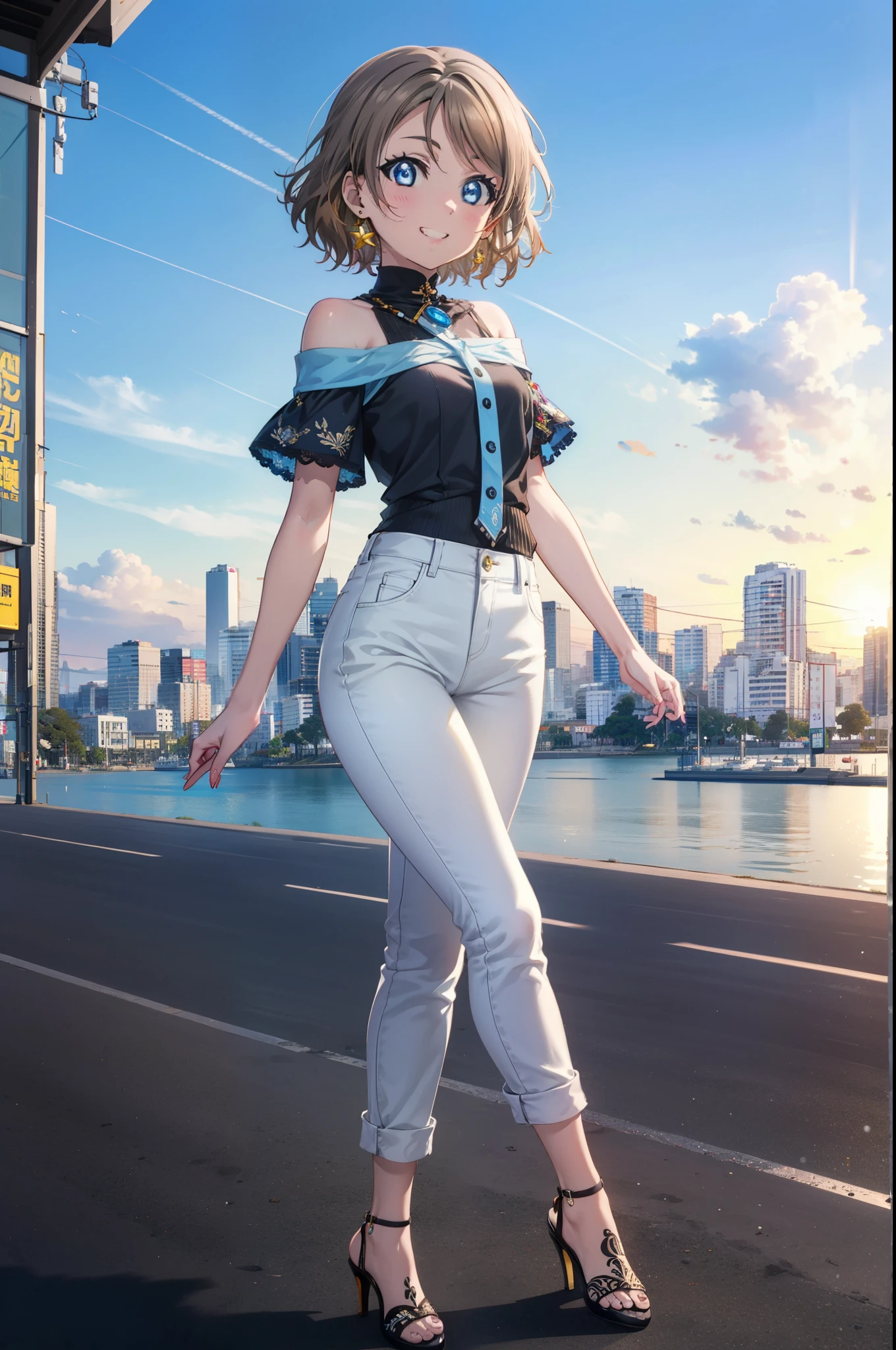 Yo Watanabe, Yu Watanabe, short hair, blue eyes, Brown Hair, Orange hair band,smile, Grin,Cold shoulder tops,Short sleeve,skinny pants,Stiletto heels,Walking,morning,morning陽,The sun is rising,whole bodyがイラストに入るように,
break outdoors, Building district,Coastal Road,
break looking at viewer, whole body,
break (masterpiece:1.2), highest quality, High resolution, unity 8k wallpaper, (figure:0.8), (Beautiful fine details:1.6), Highly detailed face, Perfect lighting, Highly detailed CG, (Perfect hands, Perfect Anatomy),