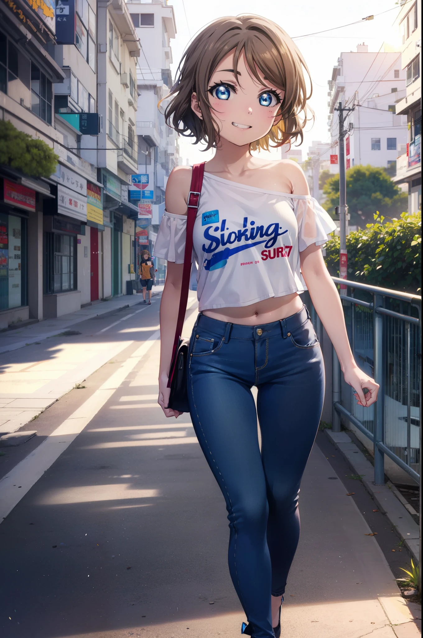 Yo Watanabe, Yu Watanabe, short hair, blue eyes, Brown Hair, Orange hair band,smile, Grin,Cold shoulder tops,Short sleeve,skinny pants,Stiletto heels,Walking,morning,morning陽,The sun is rising,whole bodyがイラストに入るように,
break outdoors, Building district,Coastal Road,
break looking at viewer, whole body,
break (masterpiece:1.2), highest quality, High resolution, unity 8k wallpaper, (figure:0.8), (Beautiful fine details:1.6), Highly detailed face, Perfect lighting, Highly detailed CG, (Perfect hands, Perfect Anatomy),