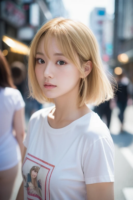 Photo realistic, High resolution, detailed background, detailed beautiful skin, detailed nose, soft lighting, (solo shot:1.23), (upper body:1.1), closed shot, looking at viewer, (((nice hand, perfect hand))), clear eyes,// japanese lady, pale skin, // (wearing Blur T-shirts ), street snap, gold hair, ((facing viewer)), at the street tokyo,