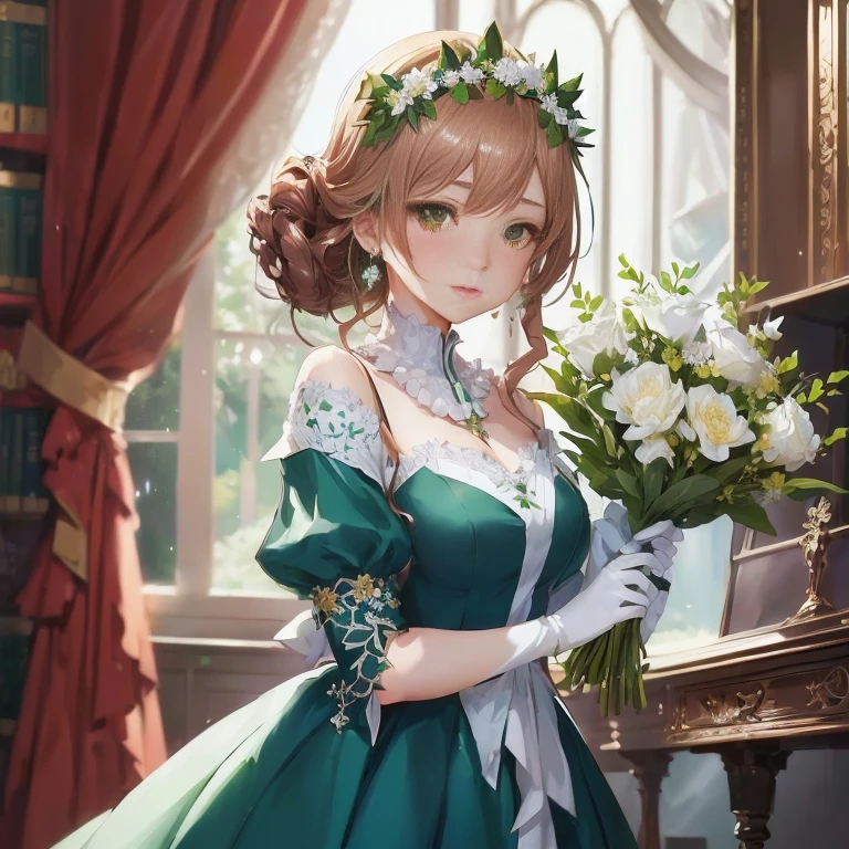 anime girl in green dress holding a bouquet of flowers, cushart krenz key art feminine, guweiz on pixiv artstation, royal elegant pose, cute anime waifu in a nice dress, guweiz on artstation pixiv, loli in dress, marin kitagawa fanart, beautiful maiden, princess portrait, guweiz masterpiece, rin