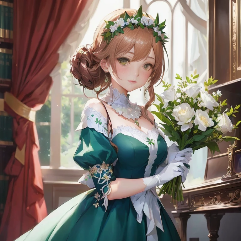 anime girl in green dress holding a bouquet of flowers, cushart krenz key art feminine, guweiz on pixiv artstation, royal elegant pose, cute anime waifu in a nice dress, guweiz on artstation pixiv, loli in dress, marin kitagawa fanart, beautiful maiden, princess portrait, guweiz masterpiece, rin