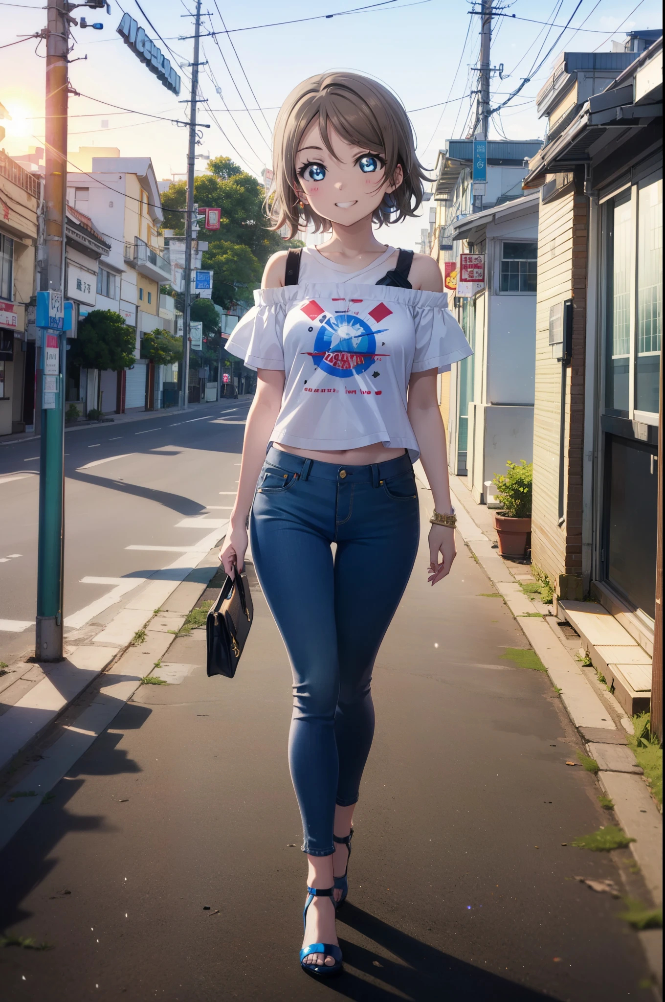 Yo Watanabe, Yu Watanabe, short hair, blue eyes, Brown Hair, Orange hair band,smile, Grin,Cold shoulder tops,Short sleeve,skinny pants,Stiletto heels,Walking,morning,morning陽,The sun is rising,whole bodyがイラストに入るように,
break outdoors, Building district,Coastal Road,
break looking at viewer, whole body,
break (masterpiece:1.2), highest quality, High resolution, unity 8k wallpaper, (figure:0.8), (Beautiful fine details:1.6), Highly detailed face, Perfect lighting, Highly detailed CG, (Perfect hands, Perfect Anatomy),