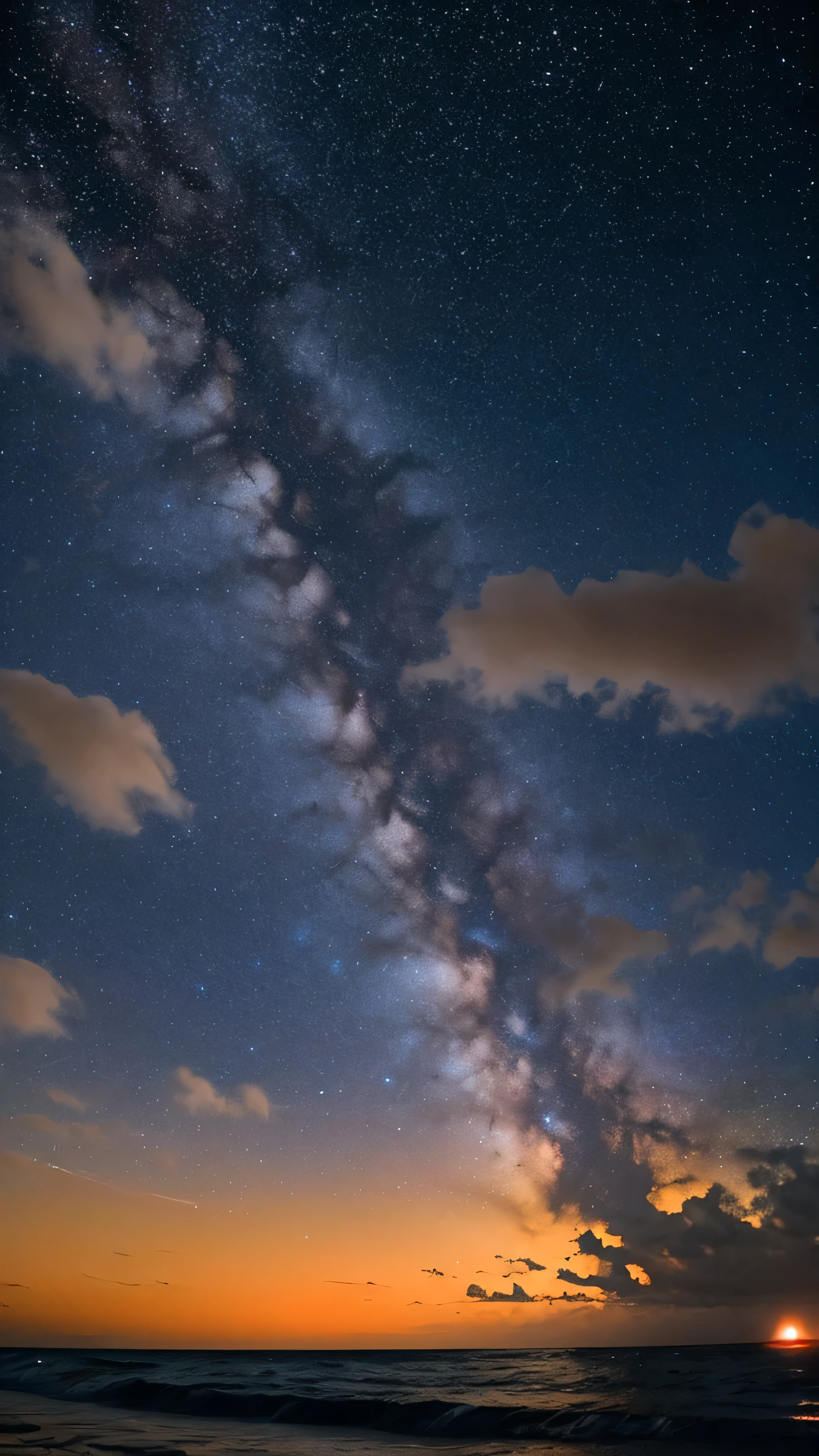 bioluminescent stars in the sky, pink half moon, touquois sky, soft cotton clouds, tourqouis ocean waves, shiny, purple water, galaxy, complementing lighting