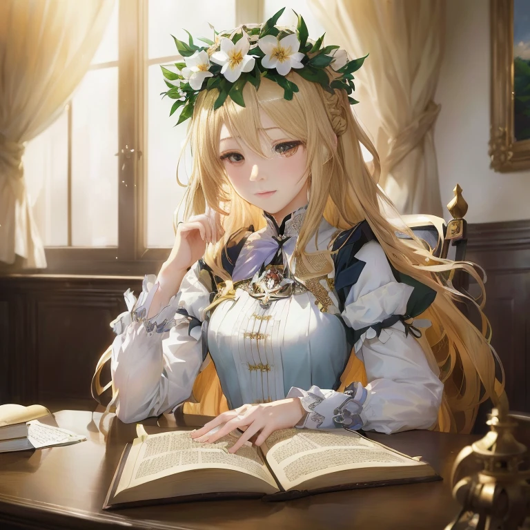 anime girl with long blonde hair sitting at a desk with a book, portrait of lolita, epic light novel art cover, violet evergarden, cushart krenz key art feminine, marin kitagawa fanart, artoria pendragon, blonde - haired princess, blonde anime girl with long hair, official character art, marisa kirisame, rin, official art