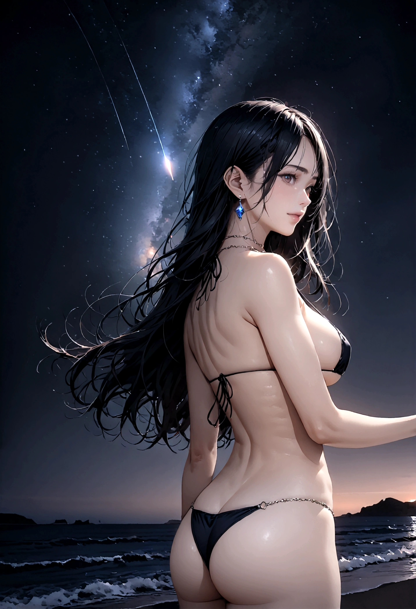 8k, masterpiece, RAW Photos, highest quality, Realistic, Very detailed, Depth of written boundary, Cinematic Light, Anatomically correct body,
One beautiful 40 year old woman, Very beautiful face, Exquisitely detailed face, (A calm and gentle face:1.4), Very delicate skin texture, Transparent muscle, Shiny white skin, Glamorous Body,
(Wavy black long hair:1.2), Sexy Breasts, Sexy ass,
(White micro bikini:1.2), (Detailed cloth texture:1.2), (Gorgeous jewel-studded body chain accessories:1.3), (Gorgeous necklace:1.1), (Gorgeous earrings:1.1),
(Dark starry background:1.4), (Milky Way:1.1), (milky way:1.1), (shooting star:1.1), (Dark coastline at night:1.4), (Pitch black sea surface:1.4),
(Standing on the beach:1.2),
(Low angle shot:1.5),