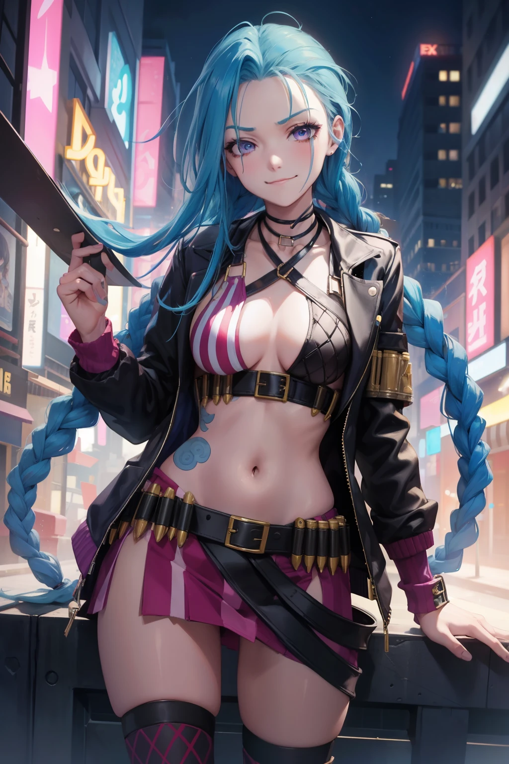 Jinx  ,1girl , anime , masterpiece  , blue hair braided  , jaqueta aberta open clothes ,jinx , smug face ,  jacket, open clothes, bra , medium breasts ,pantie , long socks , looking at viewer , night city .