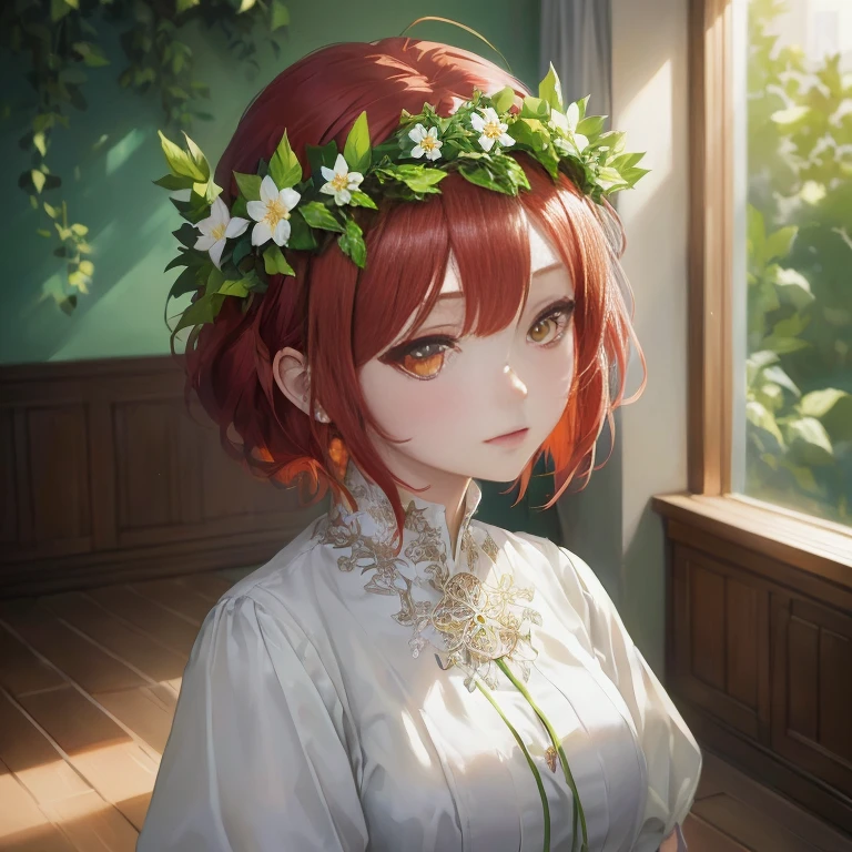 Anime girl with red hair and a flower crown standing in front of a window, artwork in the style of Gweitz, Beautiful anime portraits, Gweitz on pixiv artstation, Gweitz on artstation pixiv, Gweitz, Cute realistic portrait, Painted in an anime artist's studio, Cute Anime Girl Portrait, Anime Girl Portrait, Detailed digital anime art