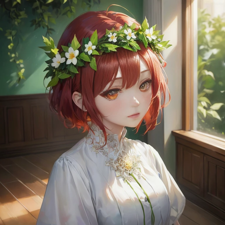 Anime girl with red hair and a flower crown standing in front of a window, artwork in the style of Gweitz, Beautiful anime portraits, Gweitz on pixiv artstation, Gweitz on artstation pixiv, Gweitz, Cute realistic portrait, Painted in an anime artist&#39;s studio, Cute Anime Girl Portrait, Anime Girl Portrait, Detailed digital anime art