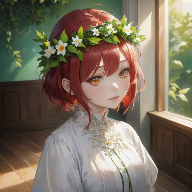Anime girl with red hair and a flower crown standing in front of a window, artwork in the style of Gweitz, Beautiful anime portraits, Gweitz on pixiv artstation, Gweitz on artstation pixiv, Gweitz, Cute realistic portrait, Painted in an anime artist's studio, Cute Anime Girl Portrait, Anime Girl Portrait, Detailed digital anime art