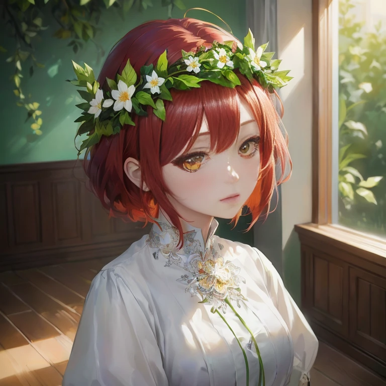 Anime girl with red hair and a flower crown standing in front of a window, artwork in the style of Gweitz, Beautiful anime portraits, Gweitz on pixiv artstation, Gweitz on artstation pixiv, Gweitz, Cute realistic portrait, Painted in an anime artist&#39;s studio, Cute Anime Girl Portrait, Anime Girl Portrait, Detailed digital anime art