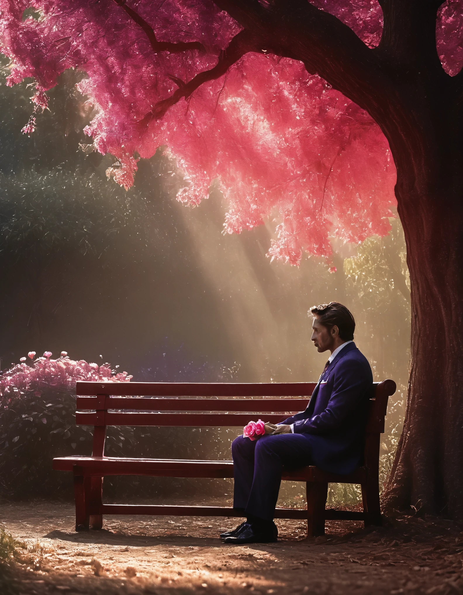 perfectly lit with warm sunlight, wearing a tailored suit and holding a red rose. The bench is made of polished wood, adorned with intricate carvings. The surrounding garden is overflowing with vibrant flowers in various shades of pink and purple. The atmosphere is serene and peaceful, with a gentle breeze rustling through the leaves of the tree. The man's expression is melancholic, his eyes filled with a sense of longing and reflection. The overall scene is captured in a realistic, photorealistic style, with vivid colors and sharp focus. The lighting accentuates the man's features, casting a soft glow on his face and emphasizing the textures of his suit and the tree's bark. The color palette is dominated by warm tones, evoking a sense of nostalgia and elegance.