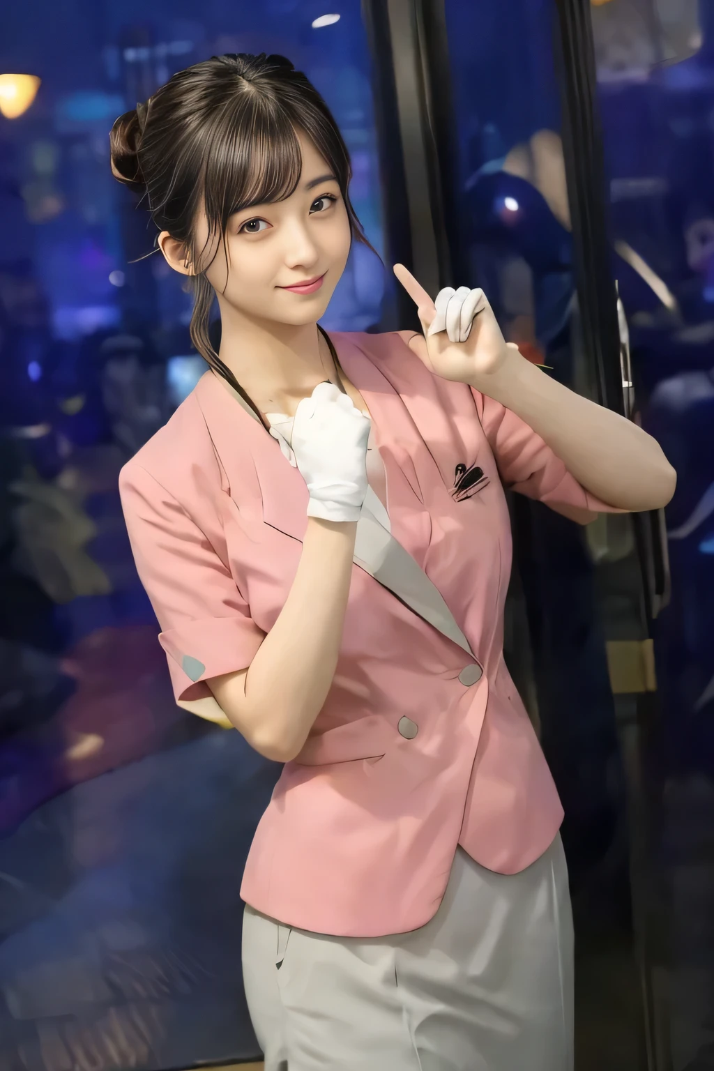 (masterpiece:1.2, highest quality:1.2), 32K HDR, High resolution, (alone、1 girl)、(On the rooftop of a building in the daytime、Professional Lighting)、Building rooftop background、(Nankai train crew uniform pinkを着たリアルスタイル)、(Nankai train crew uniform pink short sleeve collarless pink jacket、Nankai Train Crew Uniform Pink Collarless Short Sleeve Blouse、Nankai Train Crew Uniform Pink Grey Knee-length Culottes)、Dark brown hair、(Hair tied up、Hair Bun、Hair Bun)、Dark brown hair、Long Shot、Big Breasts、Thin legs、((Great hands:2.0)),((Harmonious body proportions:1.5)),((Normal limbs:2.0)),((Normal finger:2.0)),((Delicate eyes:2.0)),((Normal eyes:2.0)))、smile、(Nankai Train Crew Uniform Pink Grey Knee-length Culottesを見せた美しい歩く姿)、Place your hands around your stomach,Lanyard employee ID card