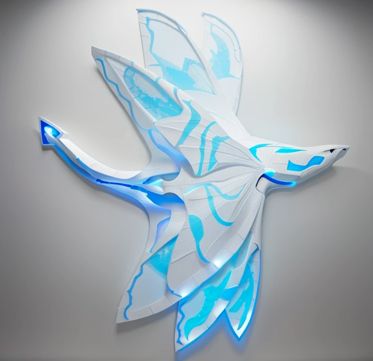 A giant manta, white with blue fluorescent designs in the back, with 6 wings, photorealistic, 8k, uhd, masterpiece 