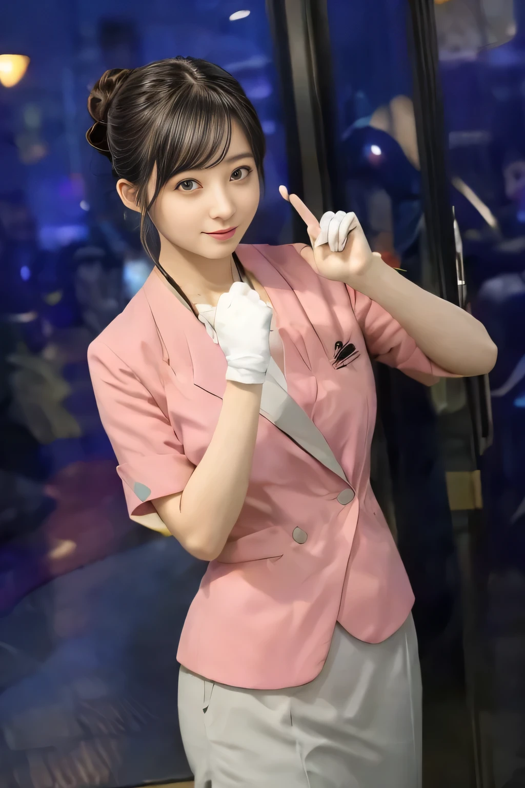 (masterpiece:1.2, highest quality:1.2), 32K HDR, High resolution, (alone、1 girl)、(On the rooftop of a building in the daytime、Professional Lighting)、Building rooftop background、(Nankai train crew uniform pinkを着たリアルスタイル)、(Nankai train crew uniform pink short sleeve collarless pink jacket、Nankai Train Crew Uniform Pink Collarless Short Sleeve Blouse、Nankai Train Crew Uniform Pink Grey Knee-length Culottes)、Dark brown hair、(Hair tied up、Hair Bun、Hair Bun)、Dark brown hair、Long Shot、Big Breasts、Thin legs、((Great hands:2.0)),((Harmonious body proportions:1.5)),((Normal limbs:2.0)),((Normal finger:2.0)),((Delicate eyes:2.0)),((Normal eyes:2.0)))、smile、(Nankai Train Crew Uniform Pink Grey Knee-length Culottesを見せた美しい歩く姿)、Place your hands around your stomach,Lanyard employee ID card