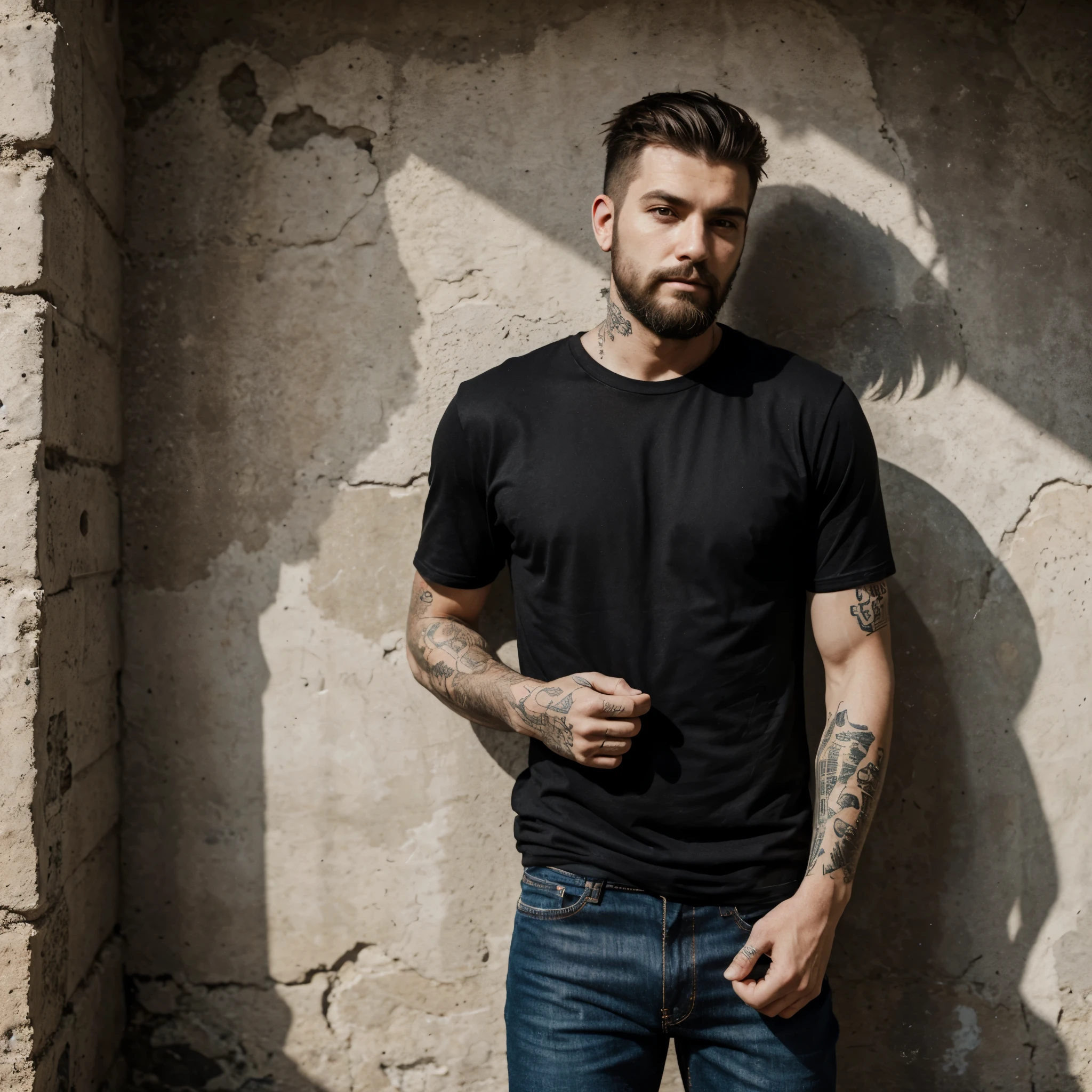man, beard, rocker, tattoos, simple plain black t-shirt, jeans, old cement wall in the background, natural light, photography, ultra realistic, 4k, hdr,