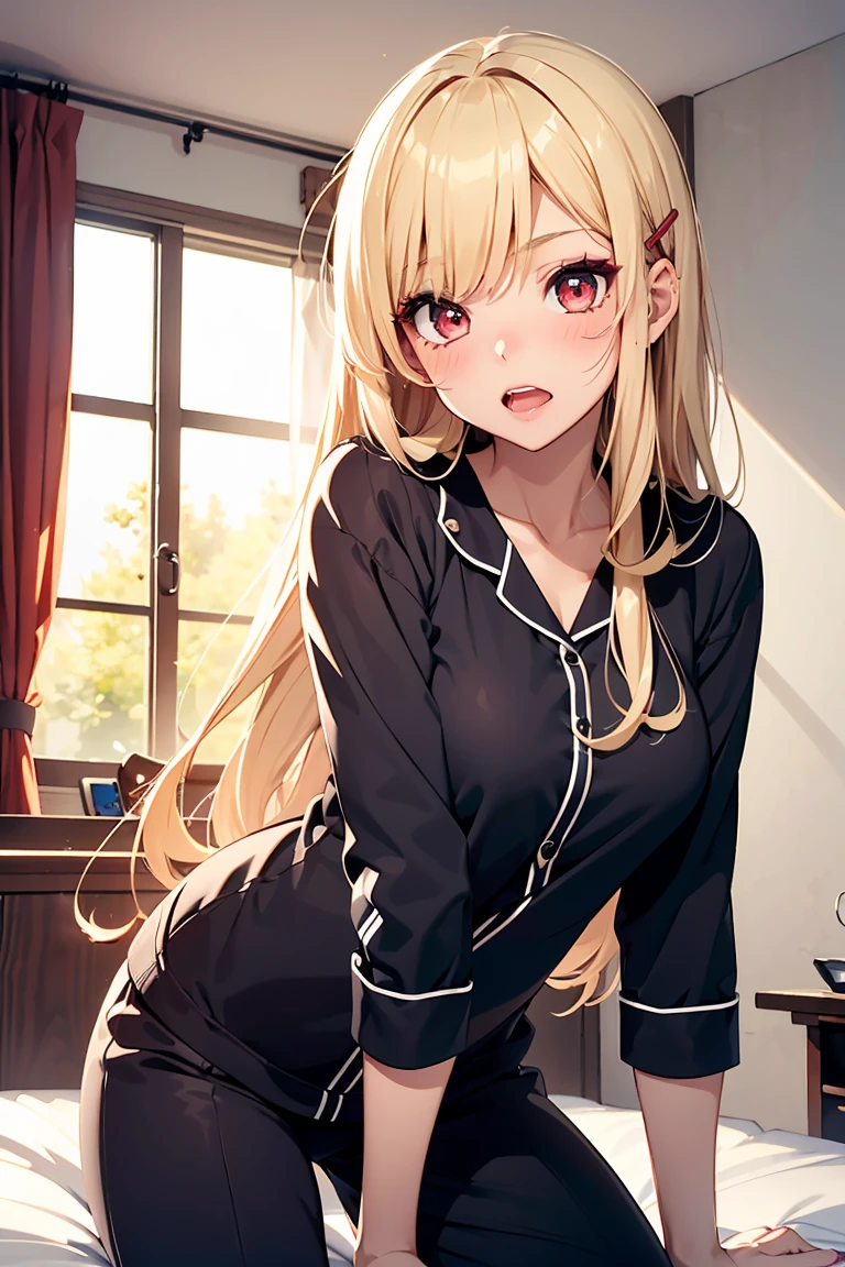 ((1 girl)), (ピンクのLoungewear), cute服, good morning, cute, My Room, Loungewear, cute妹, Cowboy Shot,((Very detailed,highest quality, High resolution, 8k wallpaper, Beautiful clothes,)),((Blonde Hair, Long Hair,Straight hair)),Secure your bangs with hairpins,Open your mouth wide,teeth, blush , (Red eyes),eye shadow, eyeliner,Glow Eye, Very detailedな目, Beautiful Eyes, -yeld gi