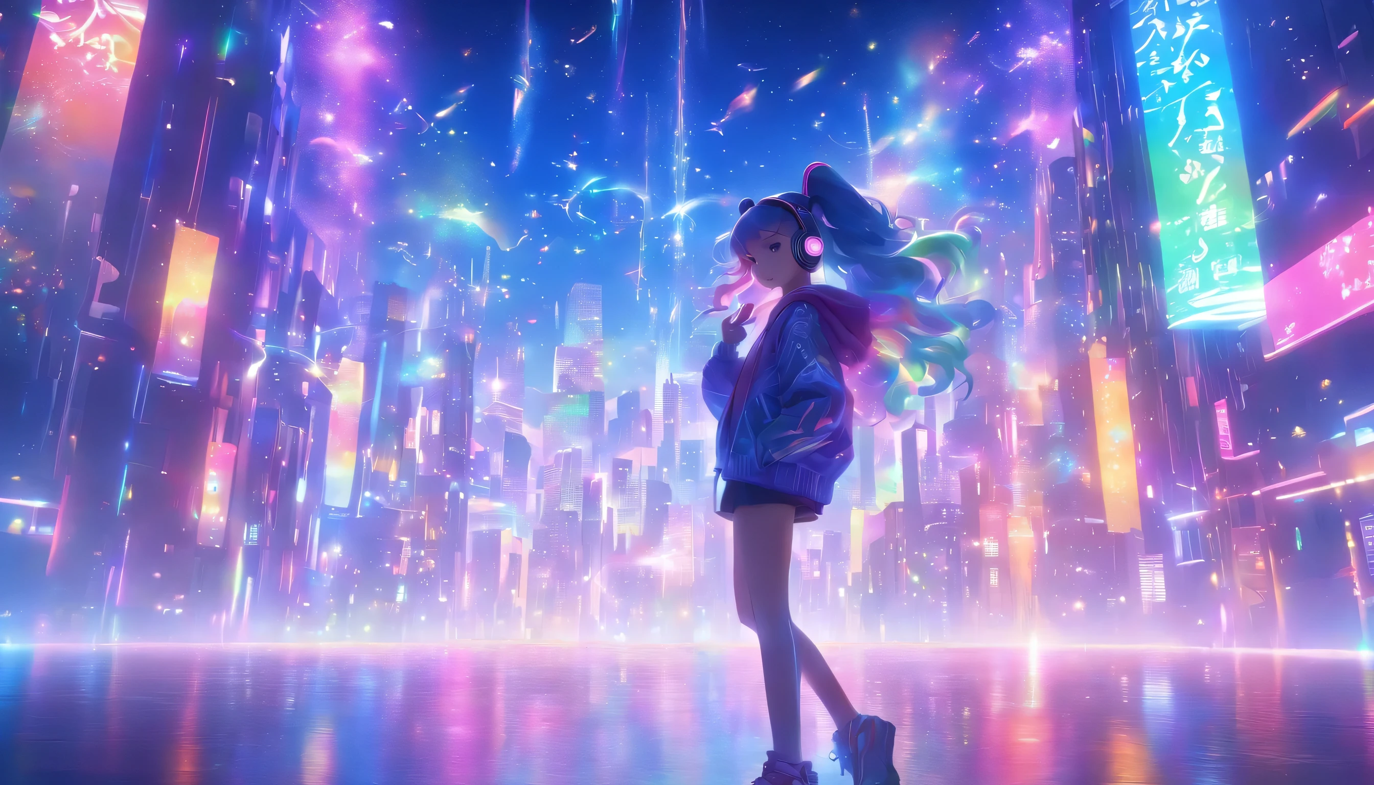 Future City、Neon Street、Super beautiful light、((Colorful light))、(A super beautiful starry sky spreads over many cityscapes)、8k,((cinematic light and shadow))、(((One City)))、Countless lights、Transparent Prism、(((A scene from a movie)))、((Dazzling Neon Street))、Transparent Prism Town、(((Rainbow light)))、((There are many different colors mixed together.))、((Starry Sky))、(((Ultra-realistic CG)))、Reflective Landscape、(((A small rainbow-shining figure)))、(Full body woman)、((hoodie))、(((Long legs)))、((skinny pants))((Wearing shiny futuristic headphones))、(((Standing in the distance)))、((Fashion Model))、((Long hair on one side))、sexy
