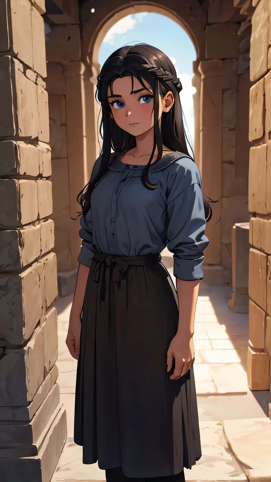 8 year old girl, blue eyes, dark gray hair, dressed in poor brown clothes from the 1st century AD. in an ancient dark Greek house from the 1st century AD, the walls are made of dark house stone