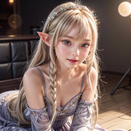 NSFW, 8k, High-level, absurd, masterpiece, best quality, primitive, very detailed CG, very detailed wallpaper, perfect lighting, Extremely detailed (((The personifying " Galadriel " as a Girl))), MysticSight, Tyndall effect, Tyndall scattering, Studio gray background with (many Dazzling RainbowColor particles BokeH:1.28), (RoundlyButts, ThighGap), (Exposed:0.4), (Assfocus with looking ahead), BREAK (NOGIZAKA face variations) Extremely Detailed very KAWAII face variations, perfect anatomy, Childish, captivating gaze, elaborate detailed Eyes with (sparkling highlights:1.28), long eyelashes、Glossy RED Lips with beautiful details, Coquettish tongue, Rosy cheeks, Radiant PearlSkin with clear transparency . { (Dynamic LifeLike expressions:1.4) | :d) }, (large eyes:-1) .