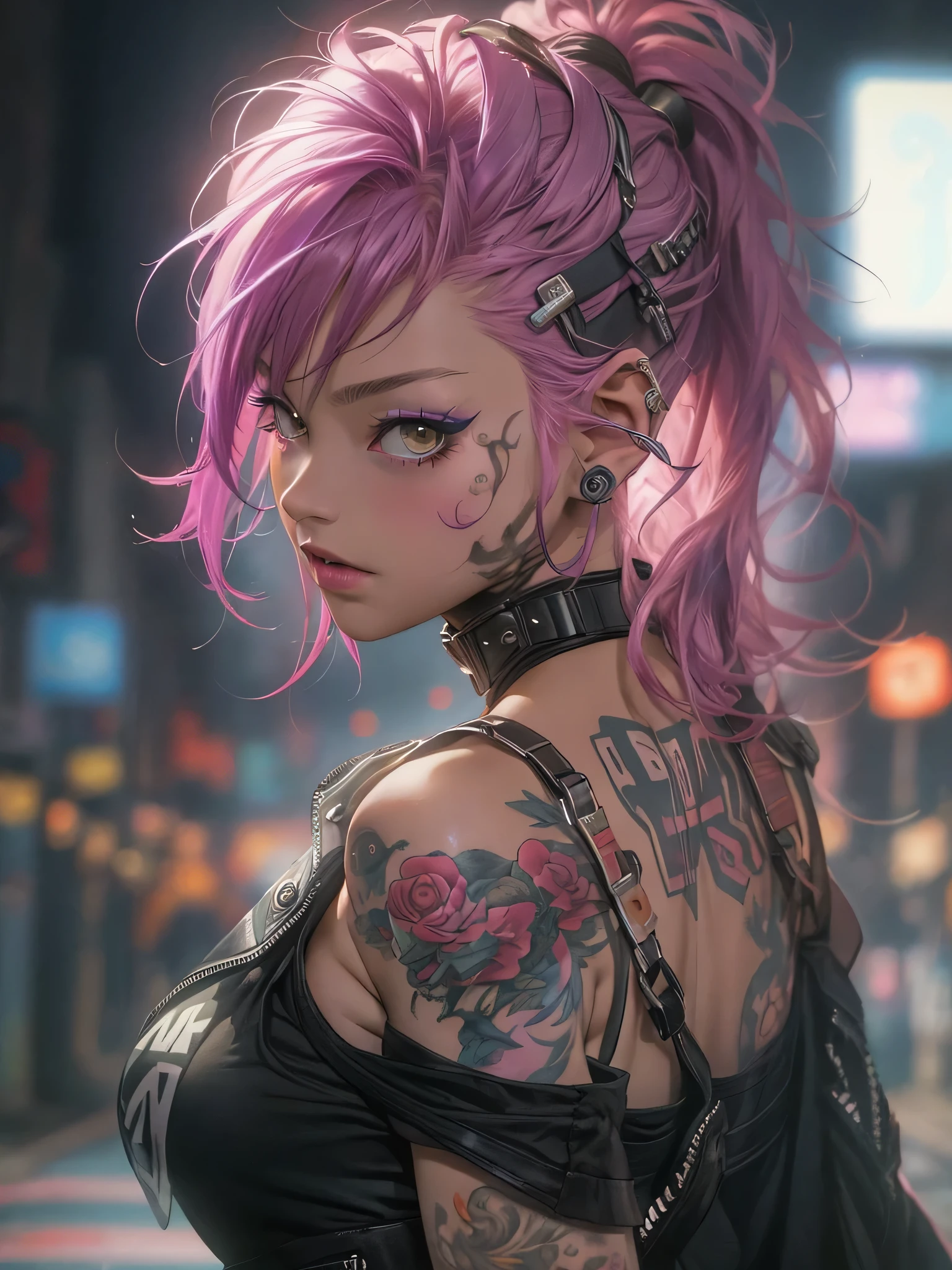 (top-quality、8K、32K、masterpiece、nffsw:1.3)、(Photorealsitic:1.4),18-year-old punk girl,、Wacky punk hair,Radical punk fashion,Tank Tops、cleavage, Wacky makeup、A pink-haired,、A lot of tattoos on the body,、nighttime, background, slum alleyway background、dark, unlit, Backlight effect、depth of fields,blurry backround, gritty, dark atmospher