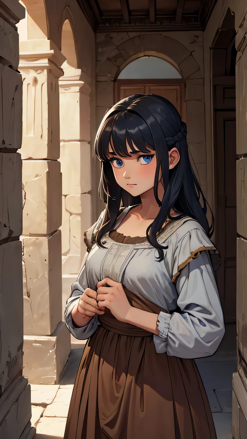 8 girl, blue eyes, dark gray hair, dressed in poor brown clothes from the 1st century AD. in an ancient dark Greek house from the 1st century AD, the walls are made of dark house stone