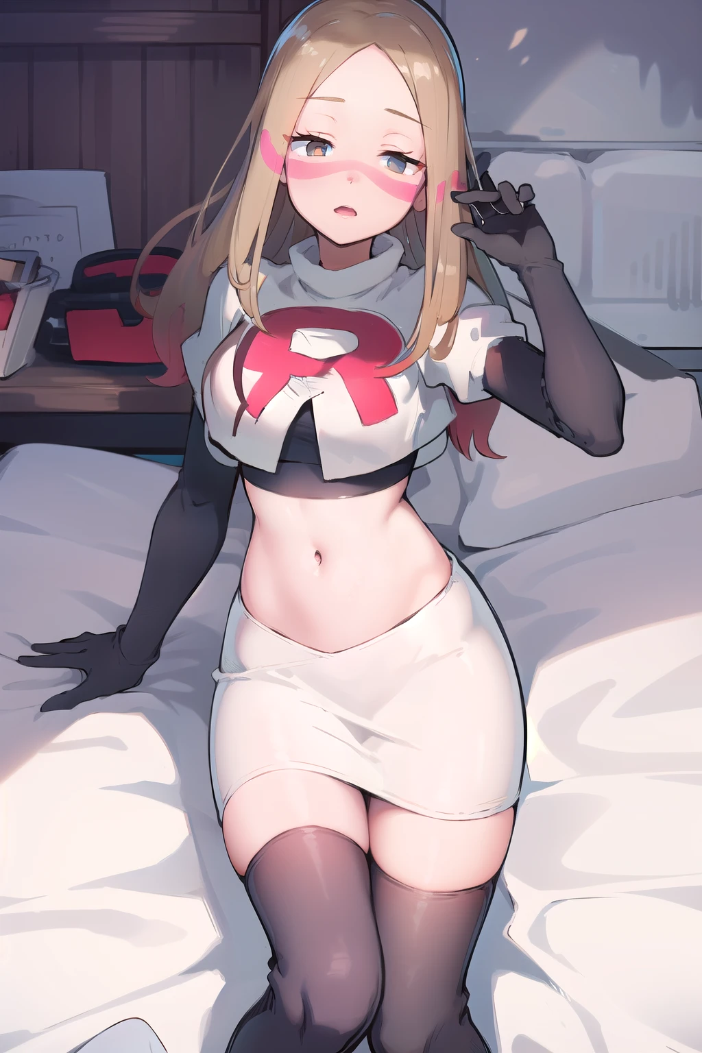 masterpiece, best quality, highres, abcmina, long hair, eyelashes, half-closed eyes, facepaint, team rocket,team rocket uniform,white skirt,red letter R,crop top,black thigh-highs,black elbow gloves,