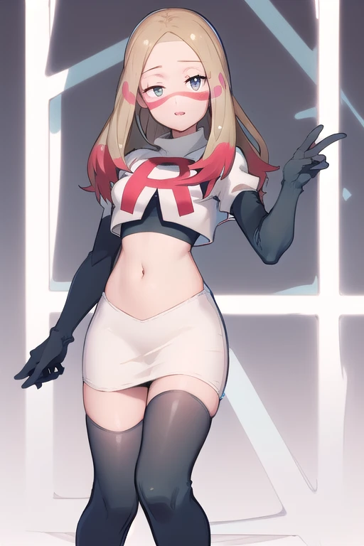 masterpiece, best quality, highres, abcmina, long hair, eyelashes, half-closed eyes, facepaint, team rocket,team rocket uniform,white skirt,red letter R,crop top,black thigh-highs,black elbow gloves,