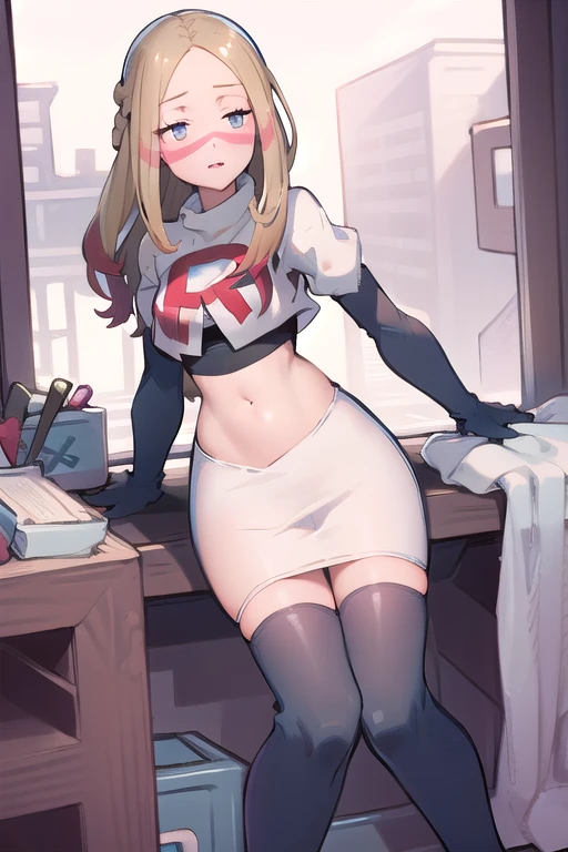 masterpiece, best quality, highres, abcmina, long hair, eyelashes, half-closed eyes, facepaint, team rocket,team rocket uniform,white skirt,red letter R,crop top,black thigh-highs,black elbow gloves,