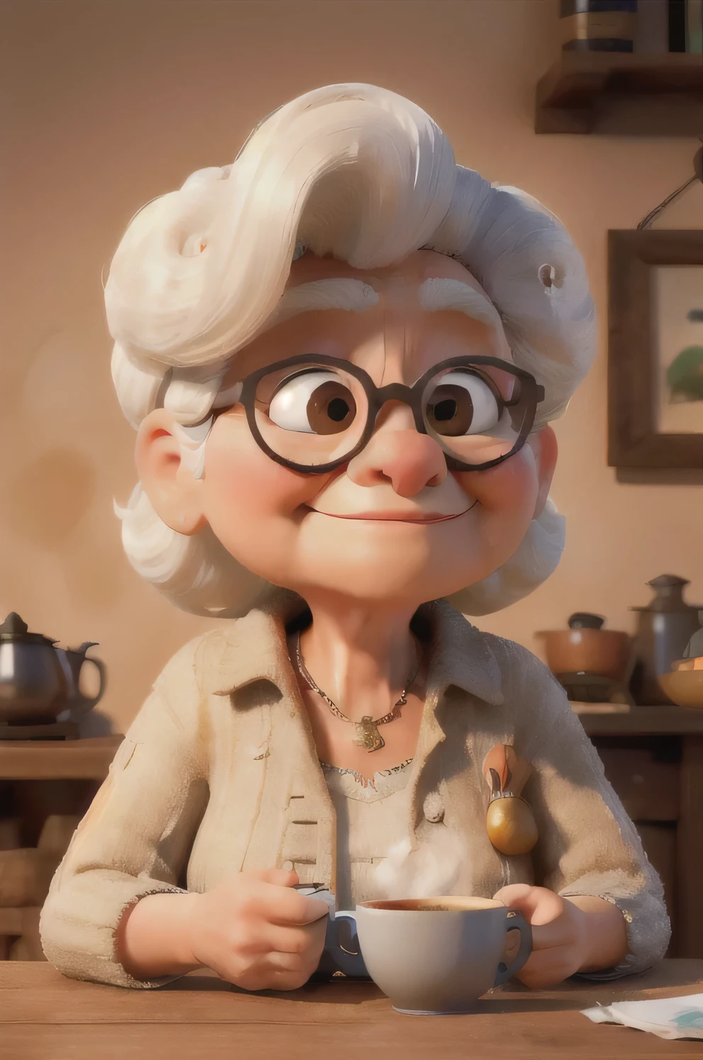 ((melhor qualidade)), ((Obra de arte)), (detalhado), perfect face cute old women drinking coffee, perfil lateral, sobrancelhas brancas, copos