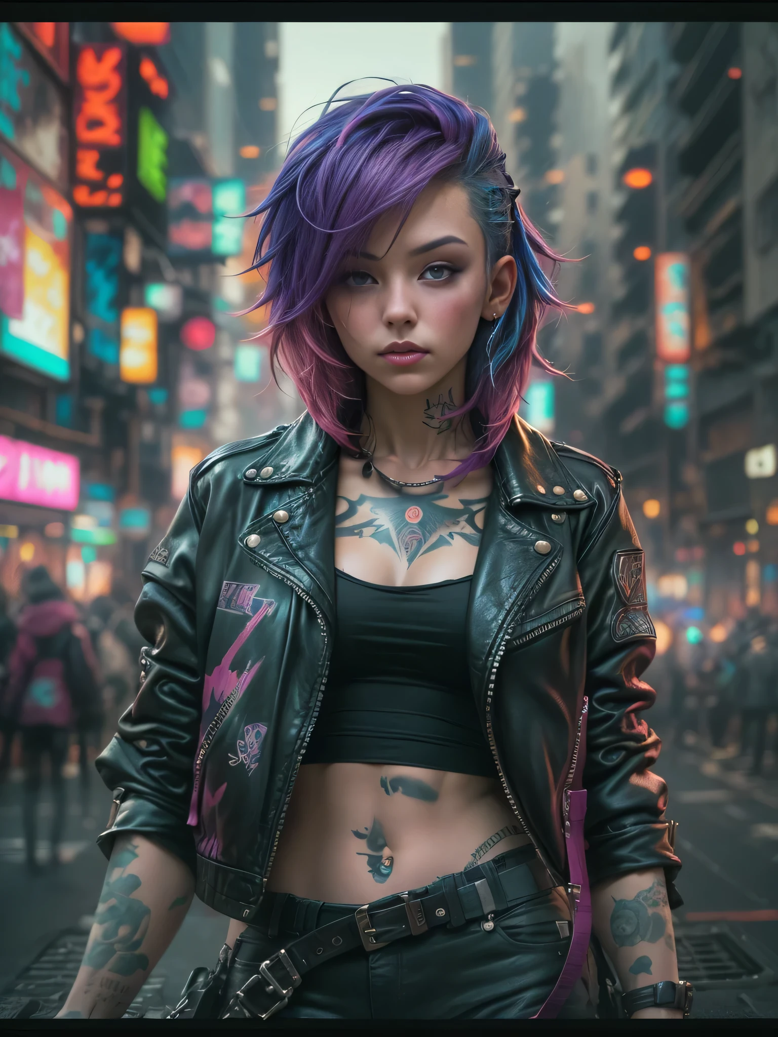 Photograph of cute 18 year old cyberpunk girls, (top-quality、in 8K、32K、​masterpiece、(NSFW))、(Photorealistic:1.4),Fancy makeup, shapeless punk hair,punk fashion、topless, leather jacket, ,  pink-hair, red hair, purple hair multicolor hair、Tattoos,、cyberpunk city streets Background、Backlight effect、depth of fields,slightly blurry background.