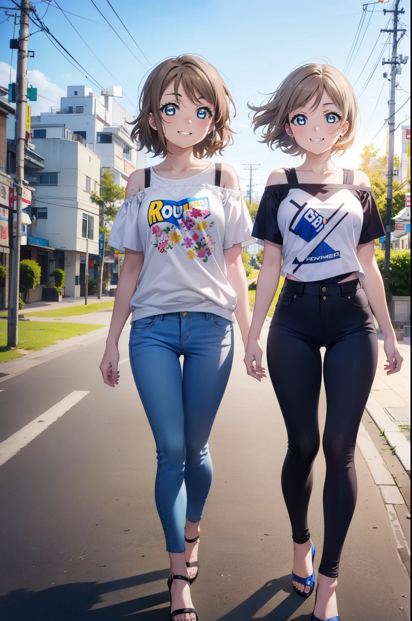 Yo Watanabe, Yu Watanabe, short hair, blue eyes, Brown Hair, Orange hair band,smile, Grin,Cold shoulder tops,Short sleeve,skinny pants,Stiletto heels,Walking,morning,morning陽,The sun is rising,whole bodyがイラストに入るように,
break outdoors, Building district,Coastal Road,
break looking at viewer, whole body,
break (masterpiece:1.2), highest quality, High resolution, unity 8k wallpaper, (figure:0.8), (Beautiful fine details:1.6), Highly detailed face, Perfect lighting, Highly detailed CG, (Perfect hands, Perfect Anatomy),