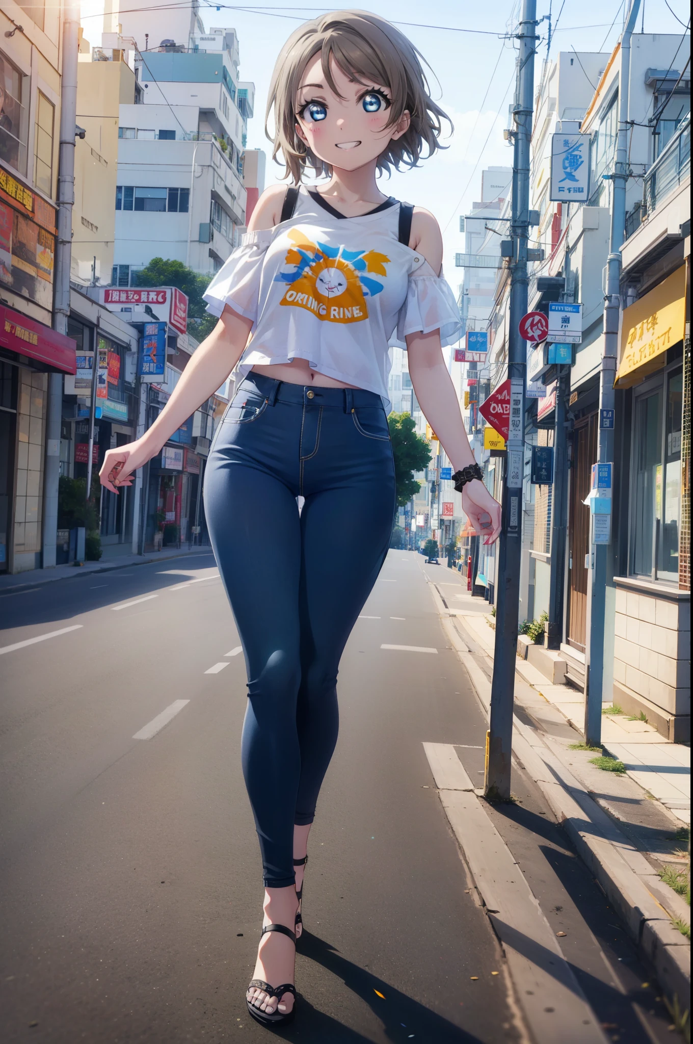 Yo Watanabe, Yu Watanabe, short hair, blue eyes, Brown Hair, Orange hair band,smile, Grin,Cold shoulder tops,Short sleeve,skinny pants,Stiletto heels,Walking,morning,morning陽,The sun is rising,whole bodyがイラストに入るように,
break outdoors, Building district,Coastal Road,
break looking at viewer, whole body,
break (masterpiece:1.2), highest quality, High resolution, unity 8k wallpaper, (figure:0.8), (Beautiful fine details:1.6), Highly detailed face, Perfect lighting, Highly detailed CG, (Perfect hands, Perfect ???????),