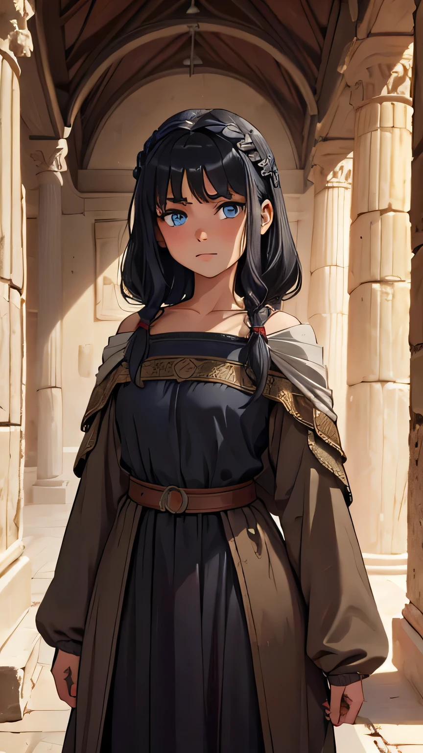 8 year old girl, blue eyes, dark gray hair, dressed in poor brown clothes from the 1st century AD. in an ancient dark Greek house from the 1st century AD, the walls are made of dark house stone