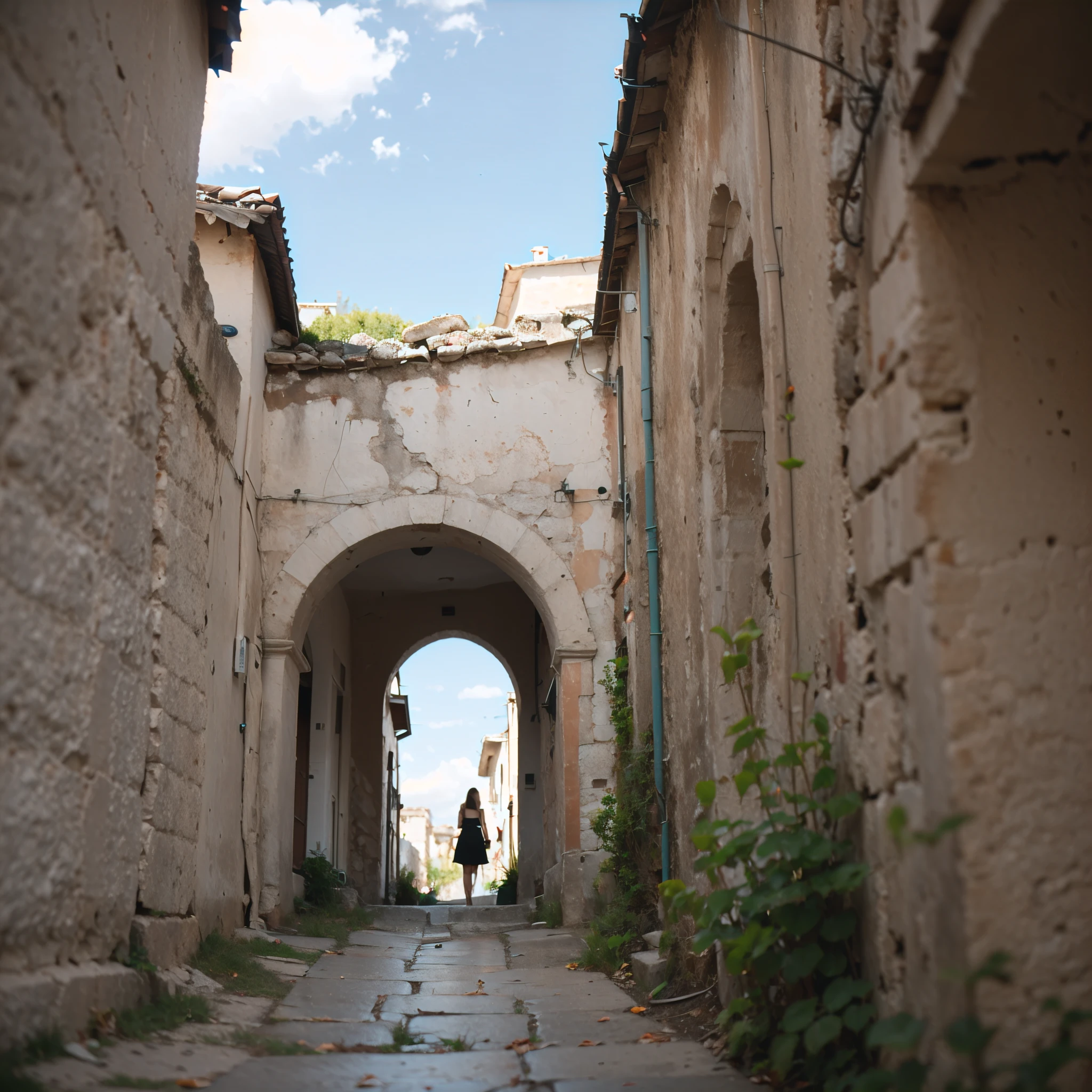 blonde sofiax (1woman) in sassi_di_matera. The perspective is from below. The lighting is dark, gloomy, and realistic, creating a tense and ominous atmosphere. Sassi di Matera in background landscape