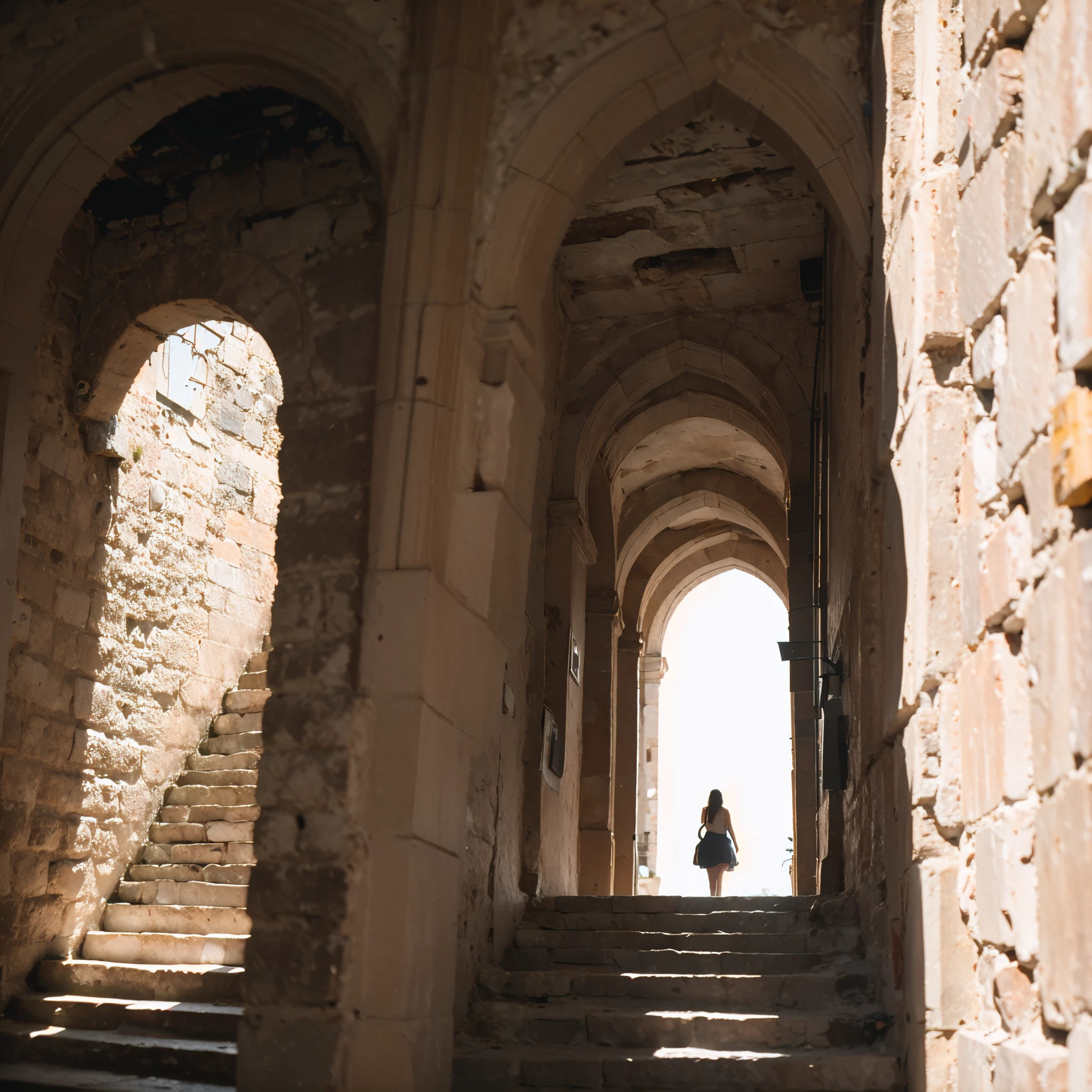 blonde sofiax (1woman) in sassi_di_matera. The perspective is from below. The lighting is dark, gloomy, and realistic, creating a tense and ominous atmosphere. Sassi di Matera in background landscape