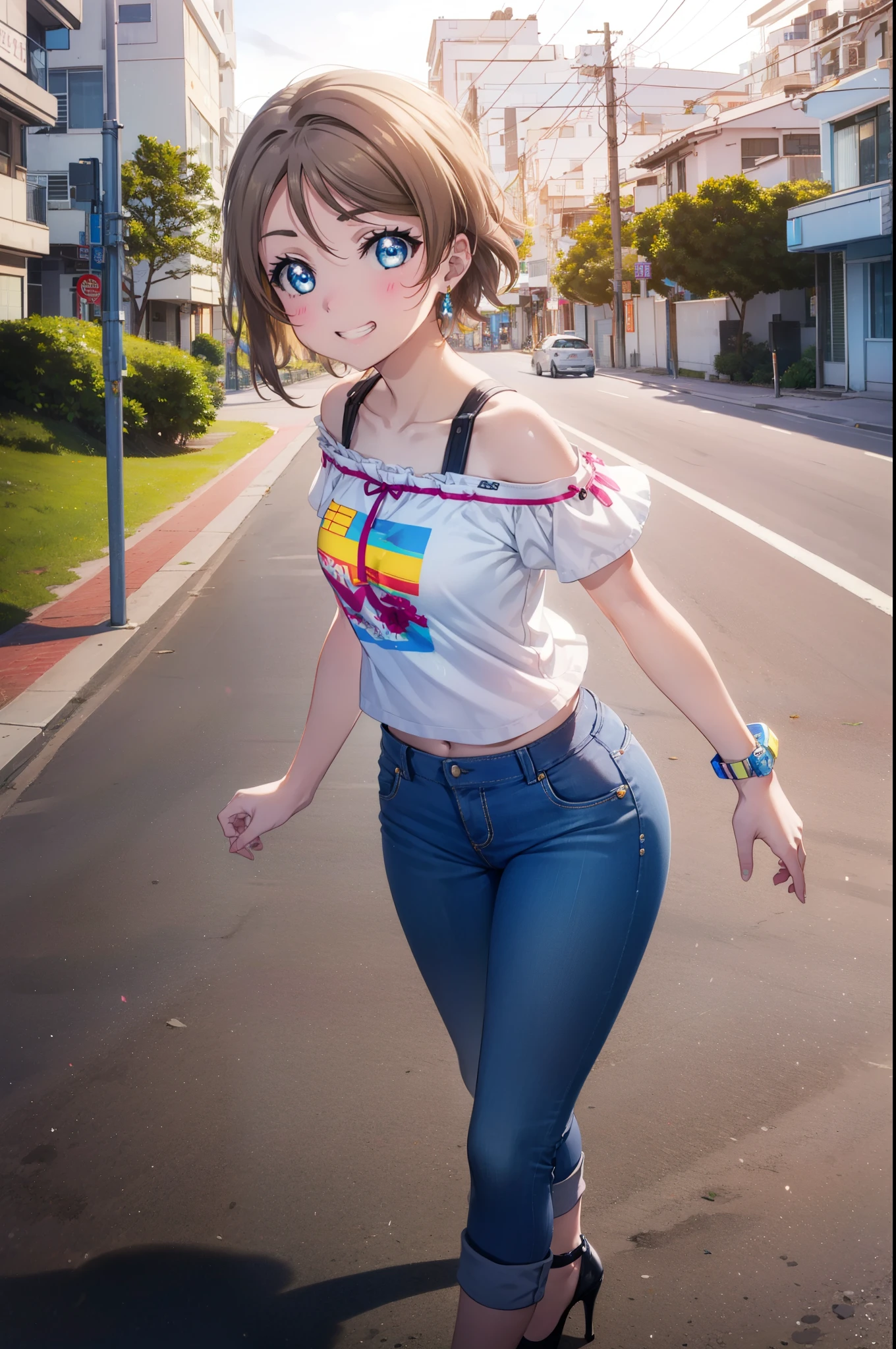 Yo Watanabe, Yu Watanabe, short hair, blue eyes, Brown Hair, Orange hair band,smile, Grin,Cold shoulder tops,Short sleeve,skinny pants,Stiletto heels,Walking,morning,morning陽,The sun is rising,whole bodyがイラストに入るように,
break outdoors, Building district,Coastal Road,
break looking at viewer, whole body,
break (masterpiece:1.2), highest quality, High resolution, unity 8k wallpaper, (figure:0.8), (Beautiful fine details:1.6), Highly detailed face, Perfect lighting, Highly detailed CG, (Perfect hands, Perfect Anatomy),