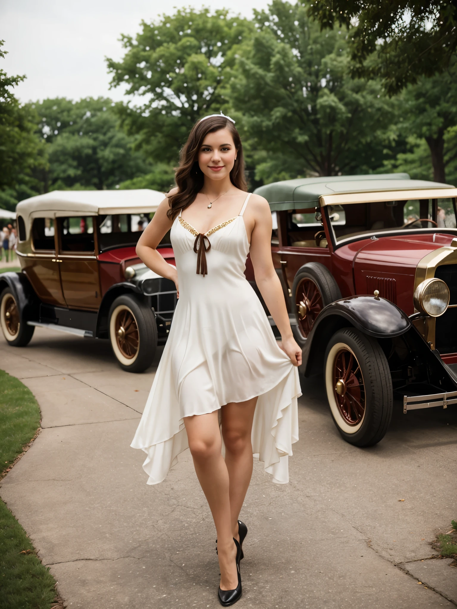 generated a full body of a 21 years old young white woman with dark brown Pinned-Up Long Hair, medium size chest, 1920 tassel sequione flapper dress, adorned with sequins-themed event on Governors Island, where attendees are dress in period attire and enjoy live jazz music, dancing, vintage cars, 