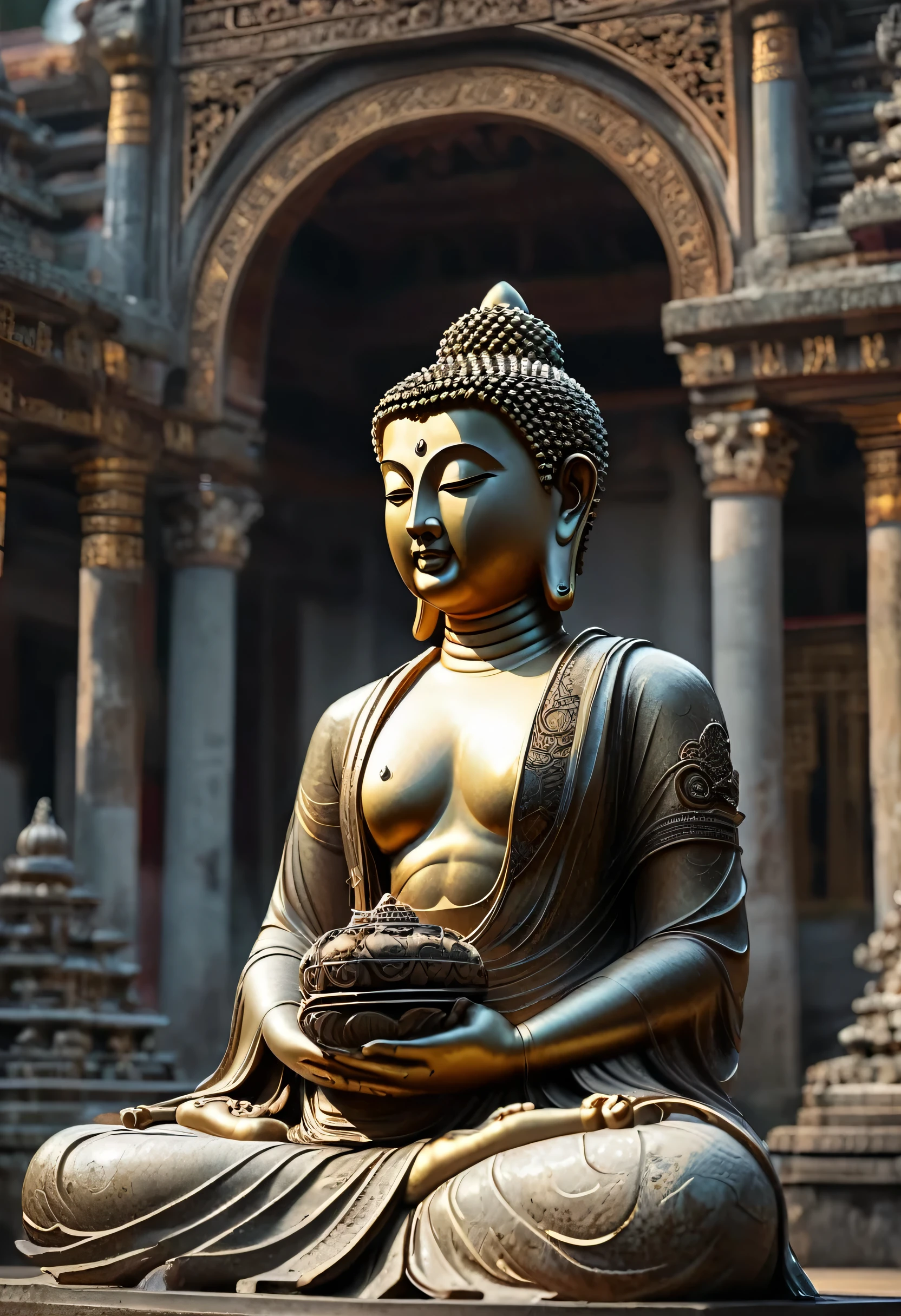 (masterpiece), (best quality), (ultra detailed), A buddha statue sitting in the middle of a courtyard, perfect composition, intricate detail, earring, by wlop, cinematic, 4k, epic detailed, 
