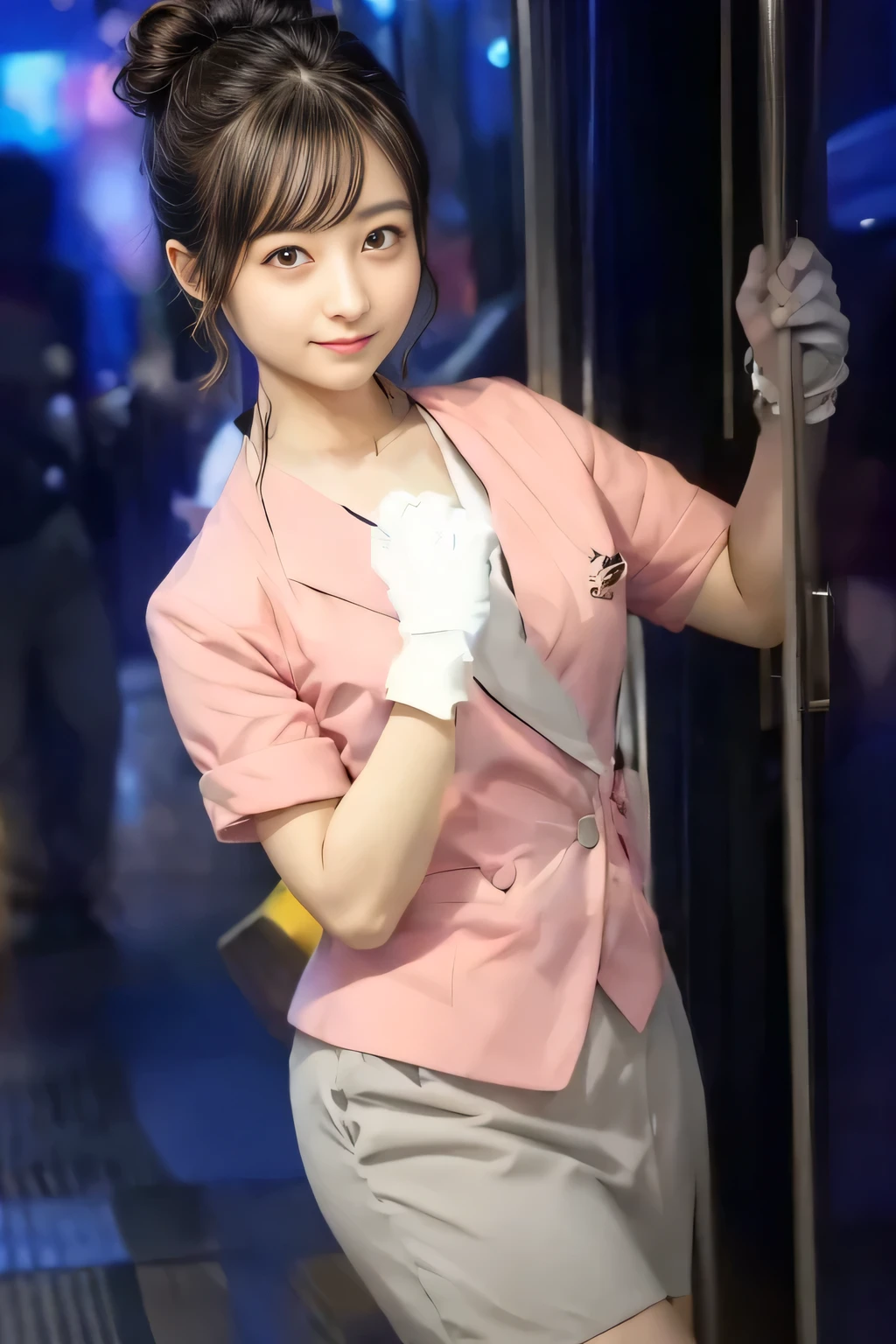 (masterpiece:1.2, highest quality:1.2), 32K HDR, High resolution, (alone、1 girl)、（On the rooftop of a building in the daytime、Professional Lighting）、Building rooftop background、（Nankai train crew uniform pinkを着たリアルスタイル）、（Nankai train crew uniform pink short sleeve collarless pink jacket、Nankai Train Crew Uniform Pink Collarless Short Sleeve Blouse、Nankai Train Crew Uniform Pink Grey Knee-length Culottes）、Dark brown hair、（Hair tied up、Hair Bun、Hair Bun）、Dark brown hair、Long Shot、Big Breasts、Thin legs、（（Great hands：2.0）），（（Harmonious body proportions：1.5）），（（Normal limbs：2.0）），（（Normal finger：2.0）），（（Delicate eyes：2.0）），（（Normal eyes：2.0））)、smile、（Nankai Train Crew Uniform Pink Grey Knee-length Culottesを見せた美しい歩く姿）、Place your hands around your stomach,Lanyard employee ID card