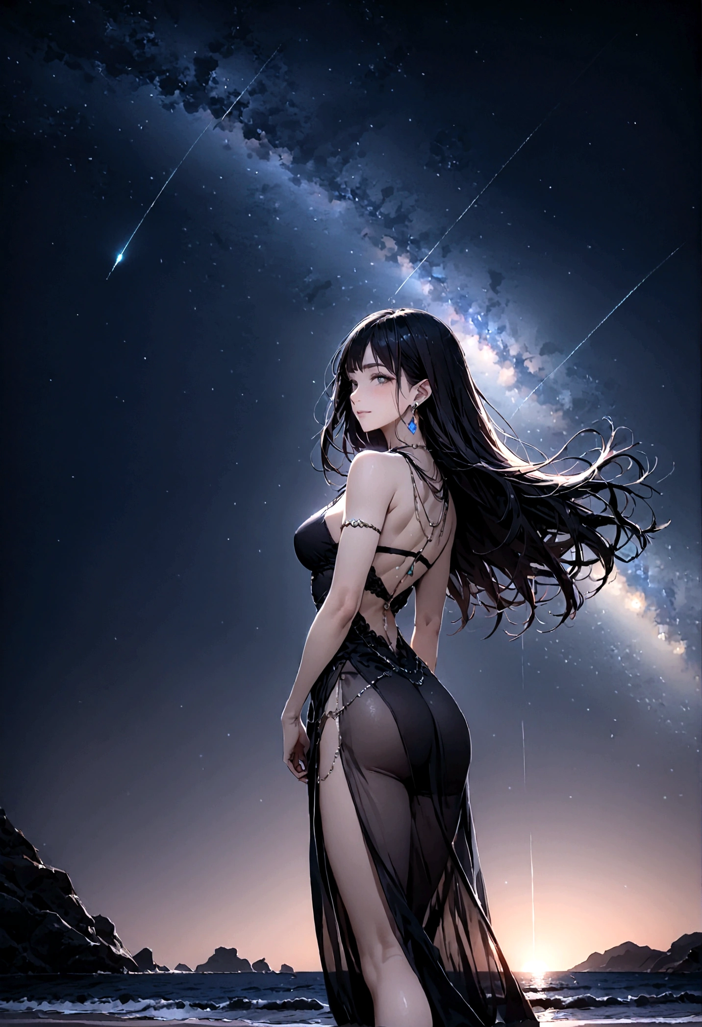 8k, masterpiece, RAW Photos, highest quality, Realistic, Very detailed, Depth of written boundary, Cinematic Light, Anatomically correct body,
One beautiful 40 year old woman, Very beautiful face, Exquisitely detailed face, (A calm and gentle face:1.4), Very delicate skin texture, Transparent muscle, Shiny white skin, Glamorous Body,
(Wavy black long hair:1.2), Sexy Breasts, Sexy ass,
(See-through slit long dress:1.2), (Detailed cloth texture:1.2), (Gorgeous jewel-studded body chain accessories:1.3), (Gorgeous necklace:1.1), (Gorgeous earrings:1.1),
(Dark starry background:1.4), (Milky Way:1.1), (milky way:1.1), (shooting star:1.1), (Dark coastline at night:1.4), (Pitch black sea surface:1.4),
(Standing on the beach:1.2),
(Low angle shot:1.5),