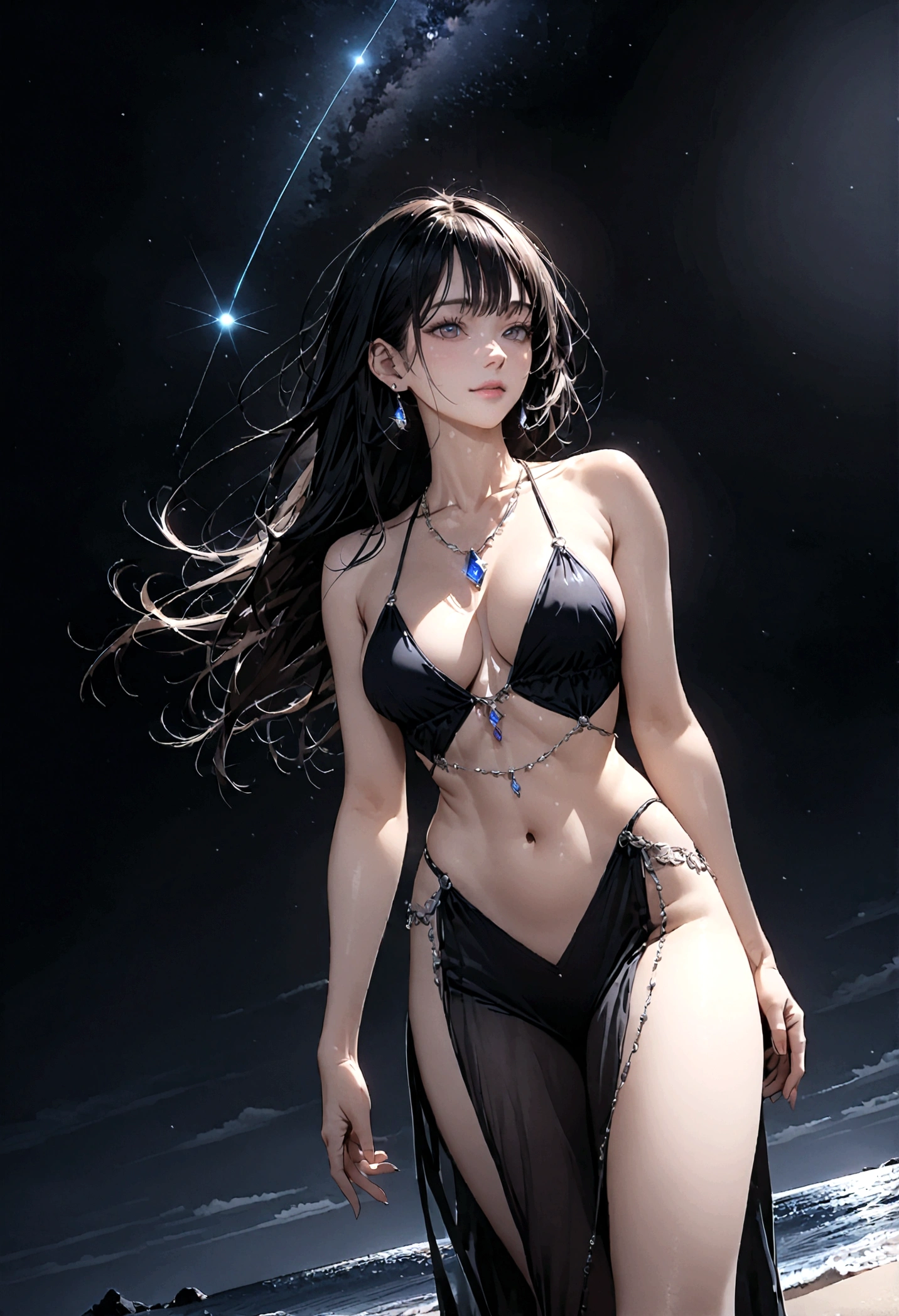 8k, masterpiece, RAW Photos, highest quality, Realistic, Very detailed, Depth of written boundary, Cinematic Light, Anatomically correct body,
One beautiful 40 year old woman, Very beautiful face, Exquisitely detailed face, (A calm and gentle face:1.4), Very delicate skin texture, Transparent muscle, Shiny white skin, Glamorous Body,
(Wavy black long hair:1.2), Sexy Breasts, Sexy ass,
(See-through slit long dress:1.2), (Detailed cloth texture:1.2), (Gorgeous jewel-studded body chain accessories:1.3), (Gorgeous necklace:1.1), (Gorgeous earrings:1.1),
(Dark starry background:1.4), (Milky Way:1.1), (milky way:1.1), (shooting star:1.1), (Dark coastline at night:1.4), (Pitch black sea surface:1.4),
(Standing on the beach:1.2),
(Low angle shot:1.5),
