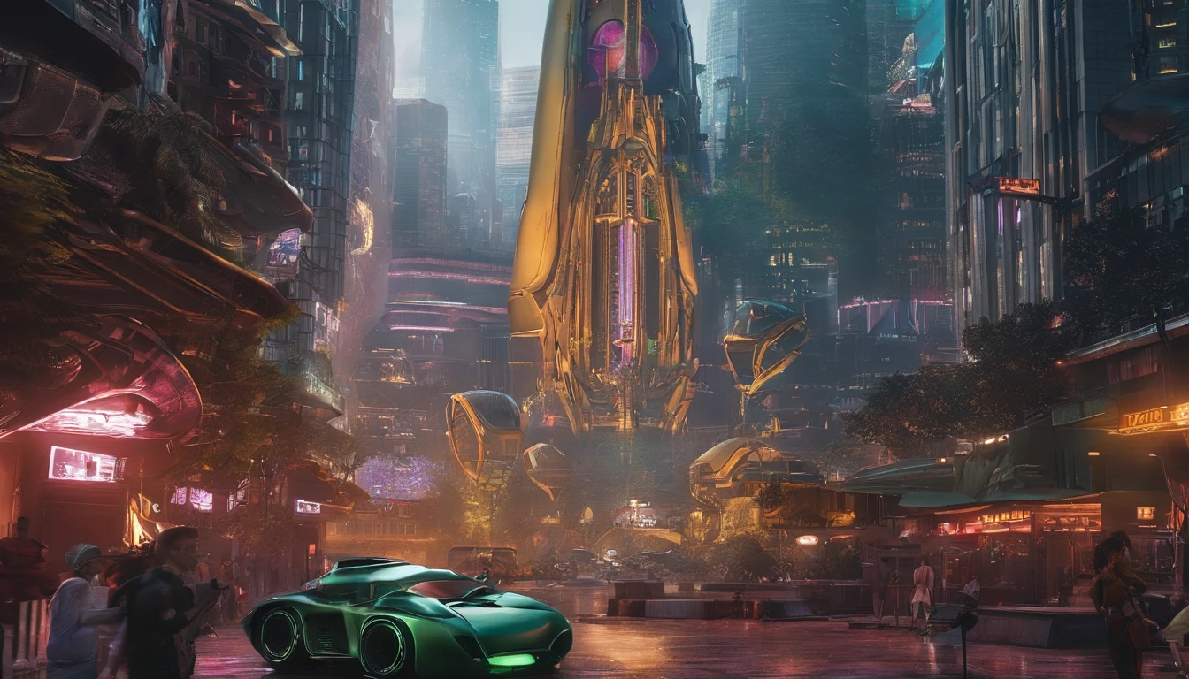 A captivating and futuristic cityscape comes to life with a vibrant and bustling atmosphere. The towering skyline is adorned with 🚧 🏗️ of office buildings, apartments, colosseums, flying machines, ⛪churches, temples, stores, and houses, creating a stunning view. People👫👭🧑🤝🧑🤼♂️🤼♀️ go about their daily lives, while others work diligently on numerous construction sites, adding to the city's dynamic energy. The focal point of the scene is a striking galacticpunk inspired vehicle that merges elements of a 1980s Mack Truck cab & a 1924 Deusenberg. This metallic gold colored with forest green matte colored vehicle features intricate gears, pipes, and metallic lemon colored matte, as it flies throughout the city.🏰🏯 There are forests 🌳 interwoven through everything buildings in the city.