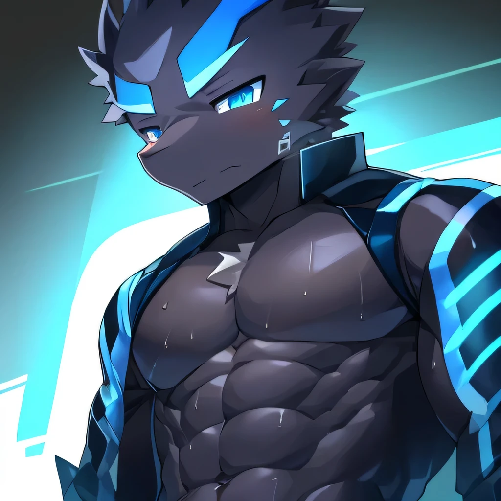 Thin macho western black dragon abs Hollow abs body suit thick arms chest rig 、sweaty skin glow profile Wearily short of breath Chemo shota Thick chest have a blue eyes Tired look Glowing abs Deep abdominals jacket profile