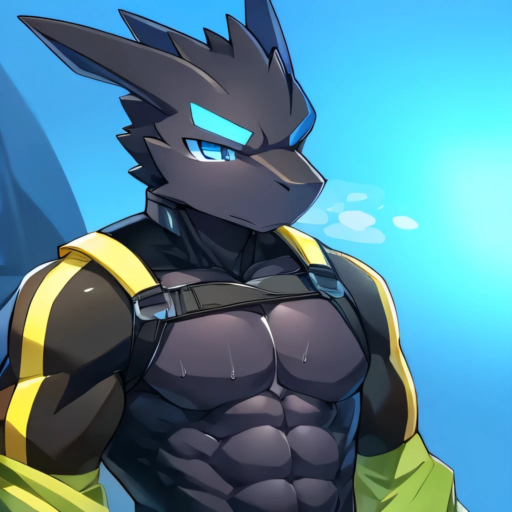 Thin macho　western black dragon　　abs　　　　　Hollow abs　　body suit　　thick arms　　　chest rig　　　、sweaty　　　skin glow　　profile　　Wearily　short of breath　　  　Chemo shota　　Thick chest have a 　blue eyes　Tired look　Glowing abs　Deep abdominals jacket　profile