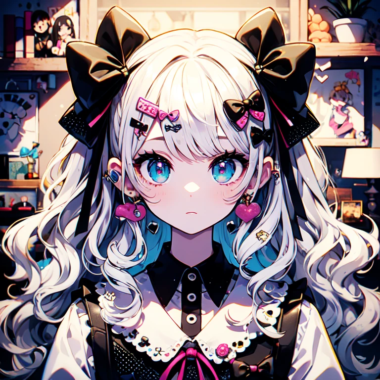 masterpiece, highest quality, Very detailed, Beautiful Shadows, puppy, ribbon, Cinema Lighting, Studio Light, cute, Wavy Hair, Big eyes, Flower pattern in pupil, Pupil shape , cute polka dot pattern on bows, Plaid, Light purple hair，Sparkling eyes，Wearing black and white maid clothes，pure white cute girl,whole body, Full Shot, Retro, Valletta, Decora, Rich accessories
